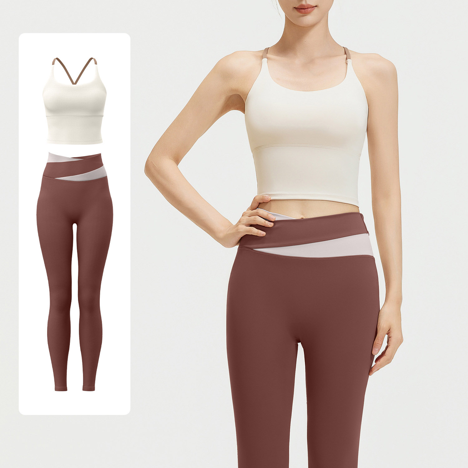 Women Contrast Strap Cross Waist Yoga Set, Sports Bra 8 Colors + Leggings 11 Colors, YFJYMB005+YFJYMK002
