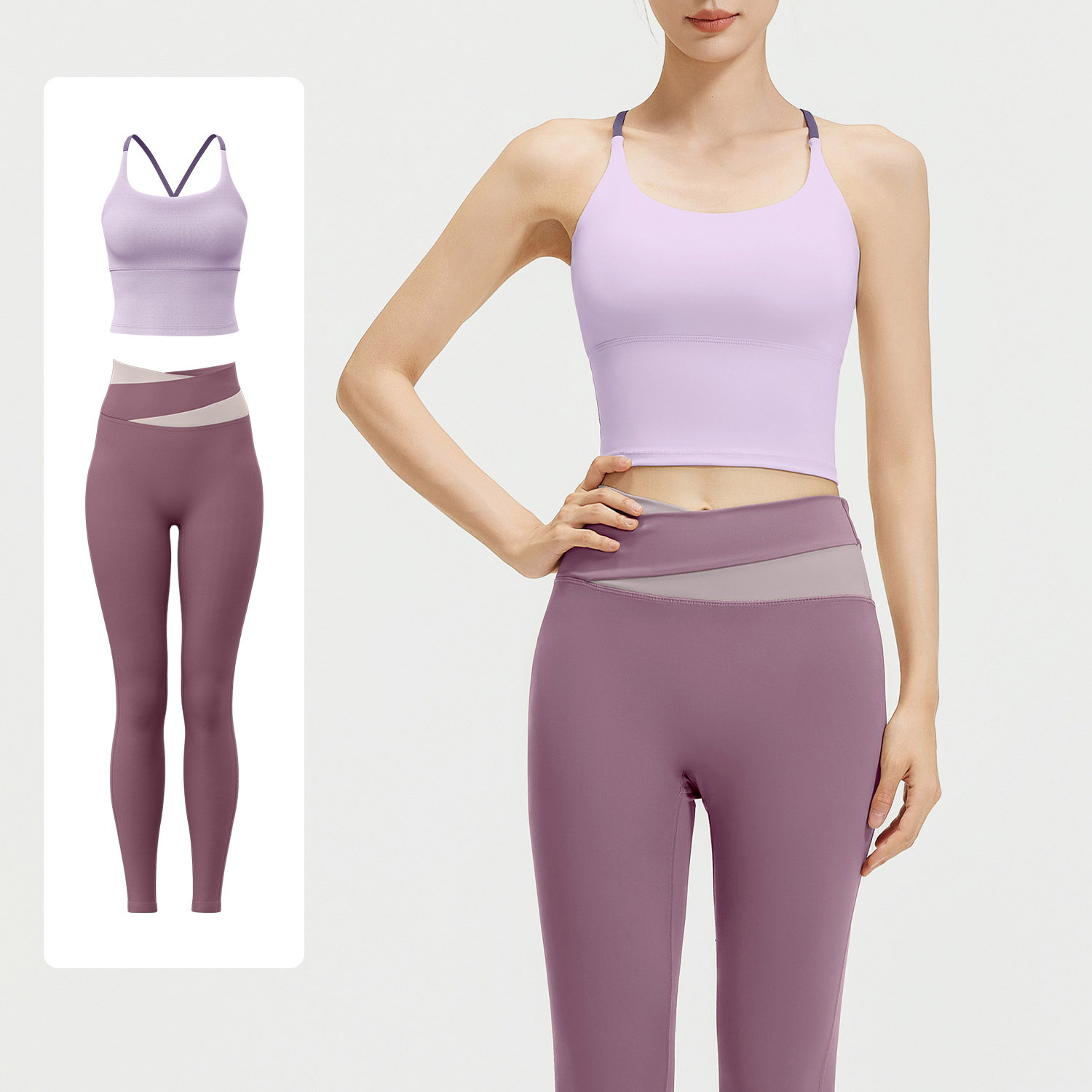 Women Contrast Strap Cross Waist Yoga Set, Sports Bra 8 Colors + Leggings 11 Colors, YFJYMB005+YFJYMK002