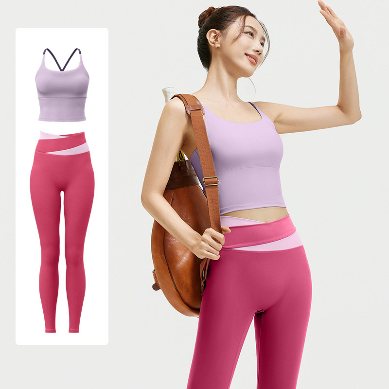 Women Contrast Strap Cross Waist Yoga Set, Sports Bra 8 Colors + Leggings 11 Colors, YFJYMB005+YFJYMK002