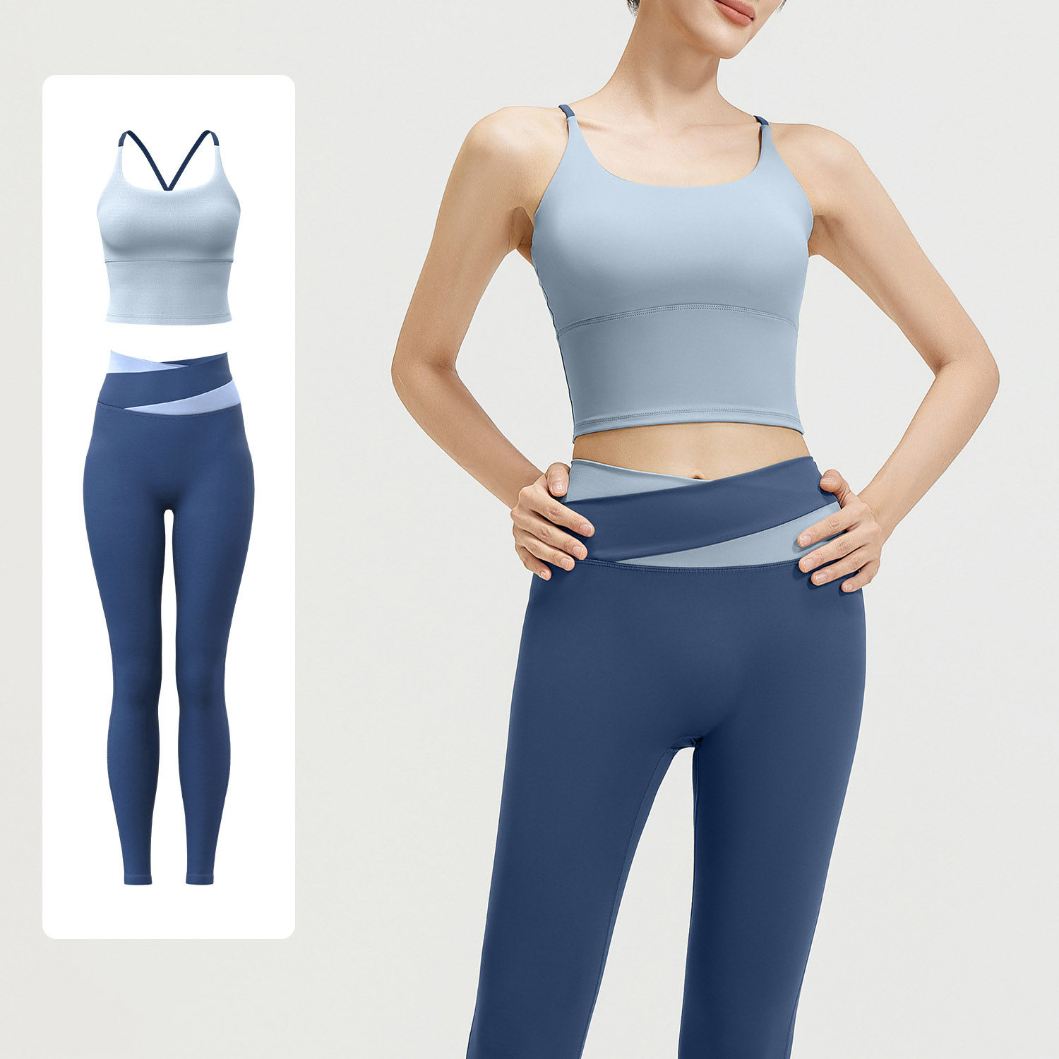 Women Contrast Strap Cross Waist Yoga Set, Sports Bra 8 Colors + Leggings 11 Colors, YFJYMB005+YFJYMK002