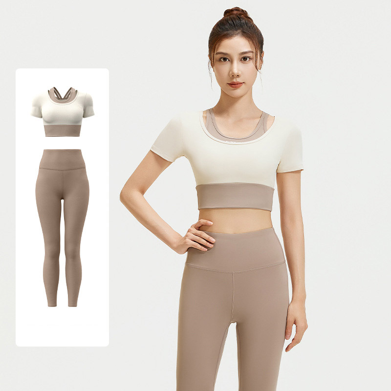 Women Fake Two Piece Short Sleeve High Waist Leggings Yoga Two Piece Set Top 4 Colors Pants 6 Colors, Contrast Layer Crop T-shirt + High Rise Tight Fitness Leggings, YFJYMD035+YFMT20
