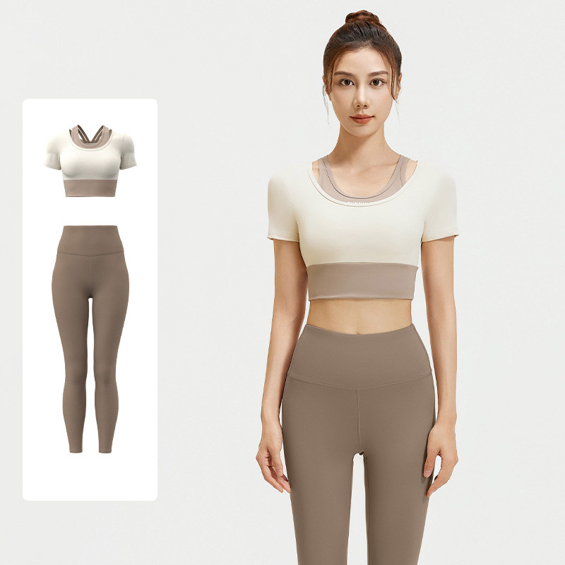 Women Fake Two Piece Short Sleeve High Waist Leggings Yoga Two Piece Set Top 4 Colors Pants 6 Colors, Contrast Layer Crop T-shirt + High Rise Tight Fitness Leggings, YFJYMD035+YFMT20