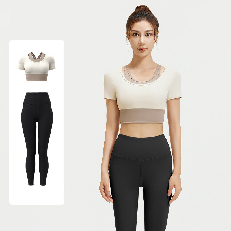 Women Fake Two Piece Short Sleeve High Waist Leggings Yoga Two Piece Set Top 4 Colors Pants 6 Colors, Contrast Layer Crop T-shirt + High Rise Tight Fitness Leggings, YFJYMD035+YFMT20