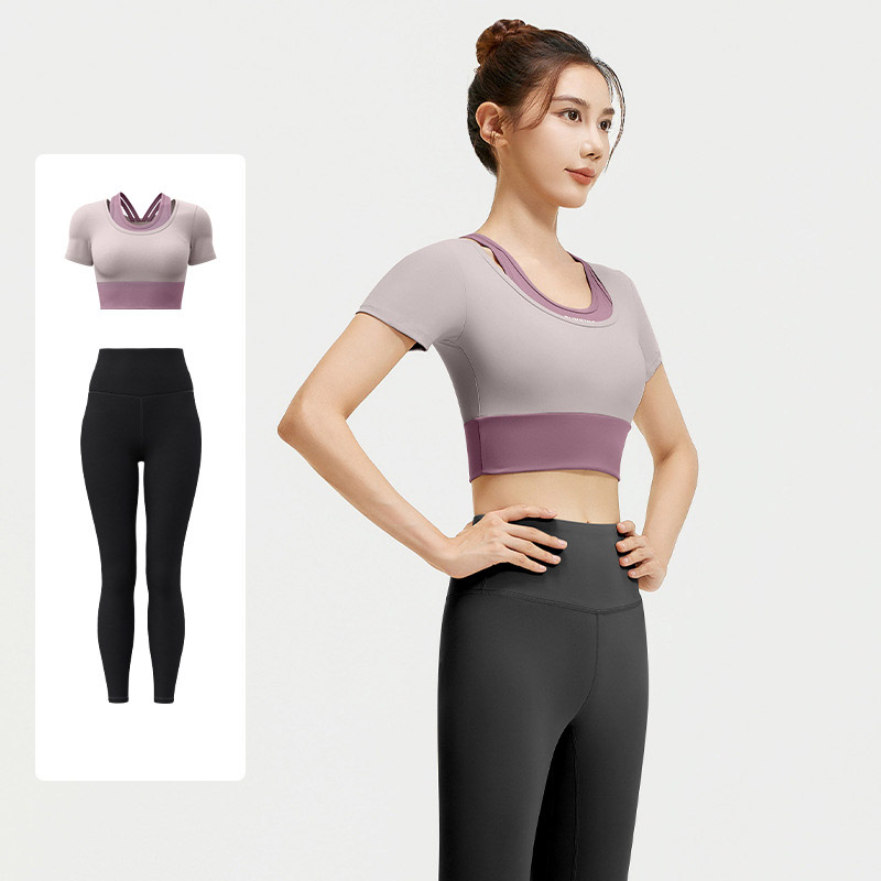 Women Fake Two Piece Short Sleeve High Waist Leggings Yoga Two Piece Set Top 4 Colors Pants 6 Colors, Contrast Layer Crop T-shirt + High Rise Tight Fitness Leggings, YFJYMD035+YFMT20