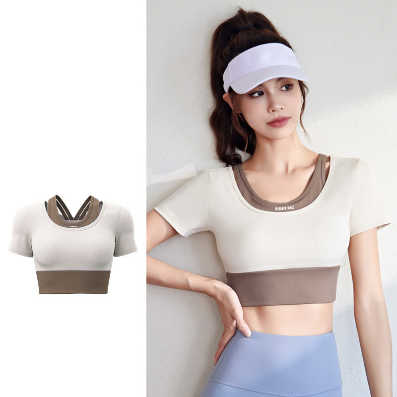 Women Fake Two Piece Short Sleeve High Waist Leggings Yoga Two Piece Set Top 4 Colors Pants 6 Colors, Contrast Layer Crop T-shirt + High Rise Tight Fitness Leggings, YFJYMD035+YFMT20