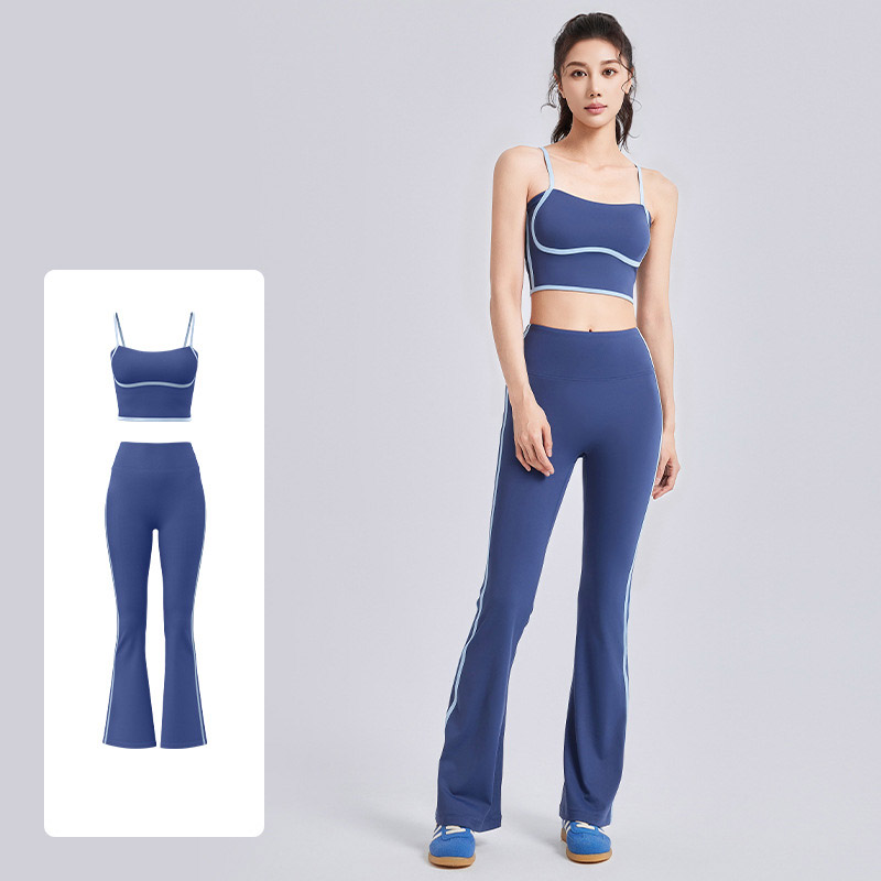Women Contrast Thin Strap Flare Yoga Two Piece Set Top 4 Colors Pants 4 Colors, U Neck Seamless Sports Bra + High Waist Contrast Flare Leggings, YFJYMN180+YFJYMK148