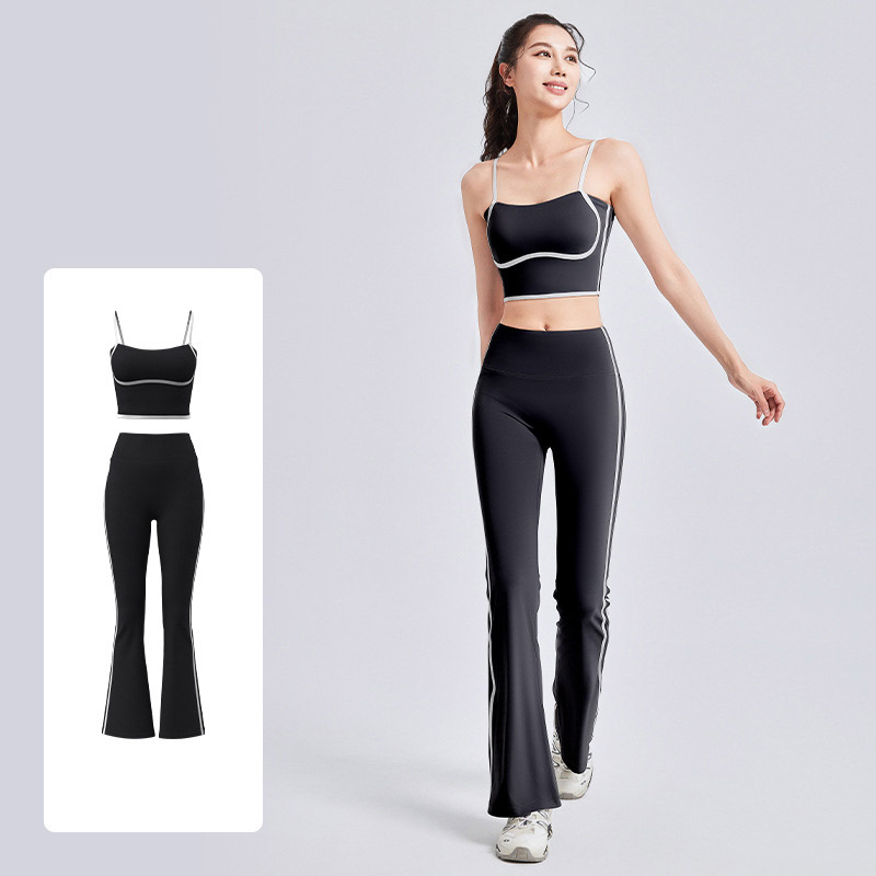 Women Contrast Thin Strap Flare Yoga Two Piece Set Top 4 Colors Pants 4 Colors, U Neck Seamless Sports Bra + High Waist Contrast Flare Leggings, YFJYMN180+YFJYMK148