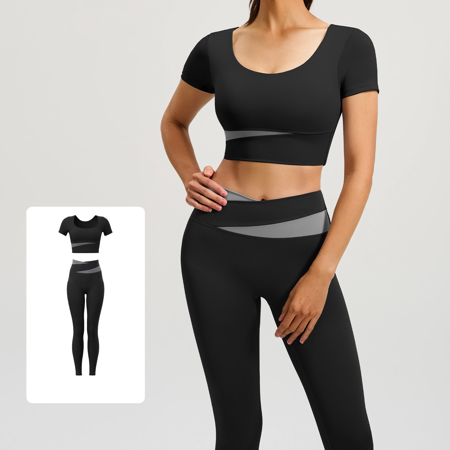 Women Contrast Cross Waist Short Sleeve Yoga Two Piece Set Top 6 Colors Pants 6 Colors, U Neck Crop Short Sleeve Top + Cross Colorblock High Waist Tight Leggings, YFJYMD013+YFJYMK002
