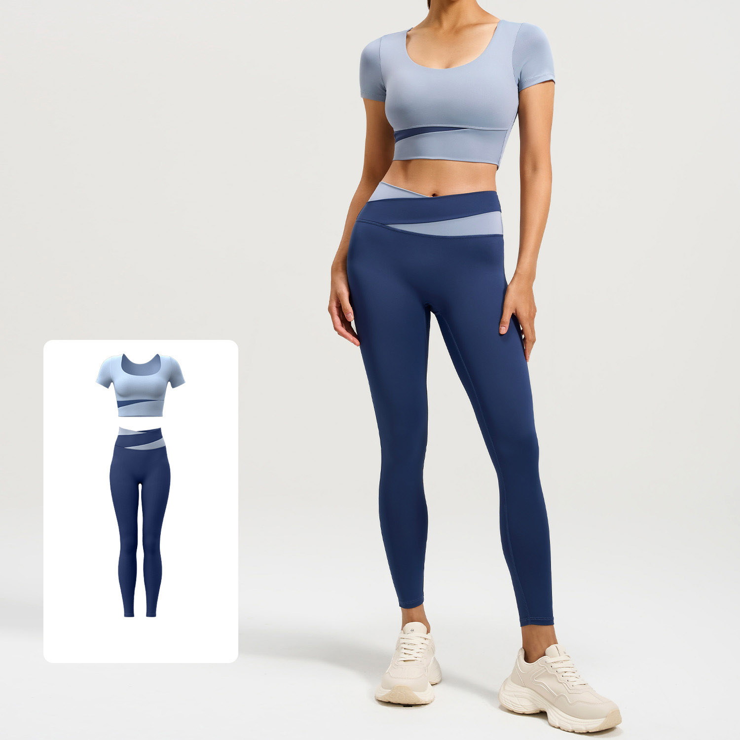 Women Contrast Cross Waist Short Sleeve Yoga Two Piece Set Top 6 Colors Pants 6 Colors, U Neck Crop Short Sleeve Top + Cross Colorblock High Waist Tight Leggings, YFJYMD013+YFJYMK002