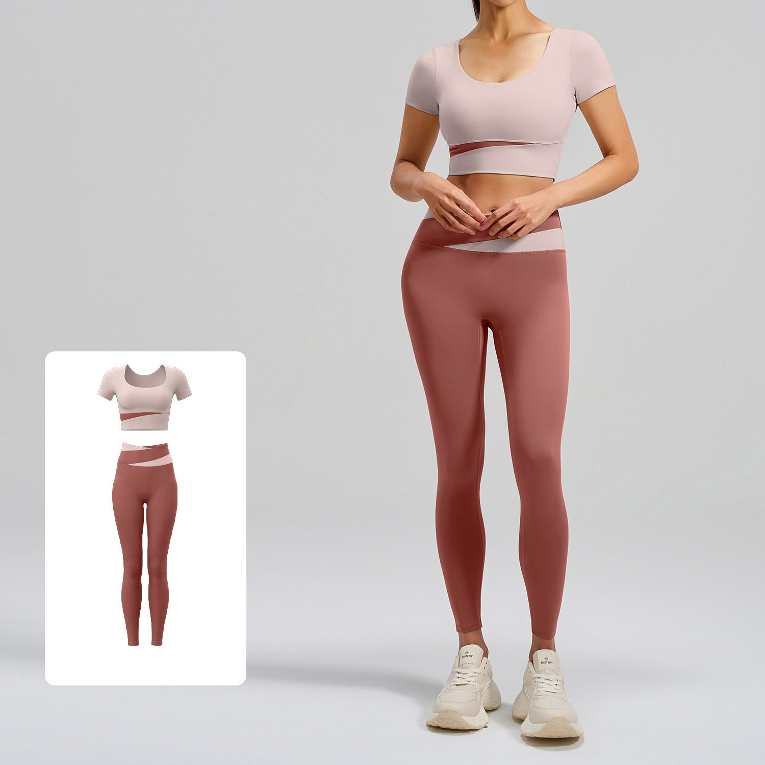 Women Contrast Cross Waist Short Sleeve Yoga Two Piece Set Top 6 Colors Pants 6 Colors, U Neck Crop Short Sleeve Top + Cross Colorblock High Waist Tight Leggings, YFJYMD013+YFJYMK002