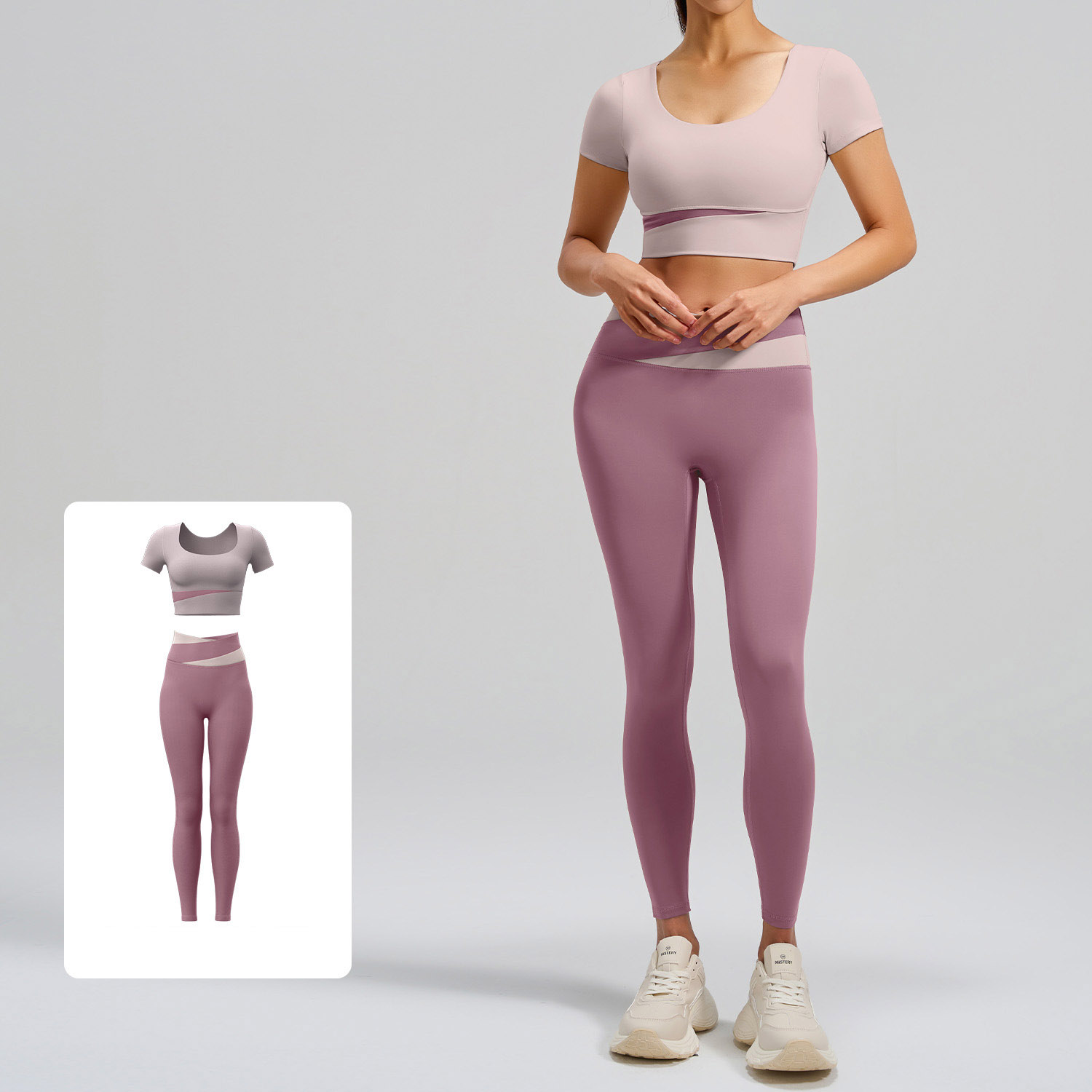 Women Contrast Cross Waist Short Sleeve Yoga Two Piece Set Top 6 Colors Pants 6 Colors, U Neck Crop Short Sleeve Top + Cross Colorblock High Waist Tight Leggings, YFJYMD013+YFJYMK002