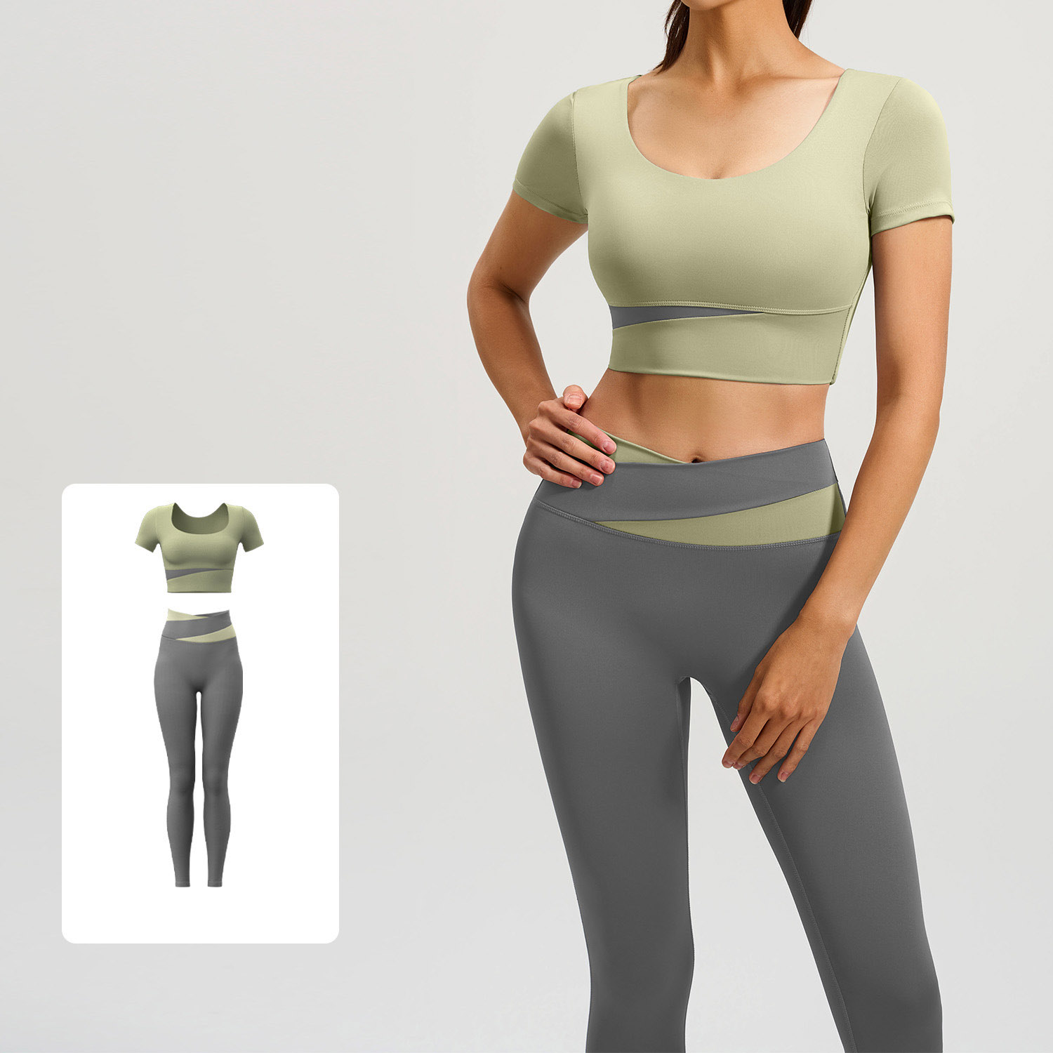 Women Contrast Cross Waist Short Sleeve Yoga Two Piece Set Top 6 Colors Pants 6 Colors, U Neck Crop Short Sleeve Top + Cross Colorblock High Waist Tight Leggings, YFJYMD013+YFJYMK002