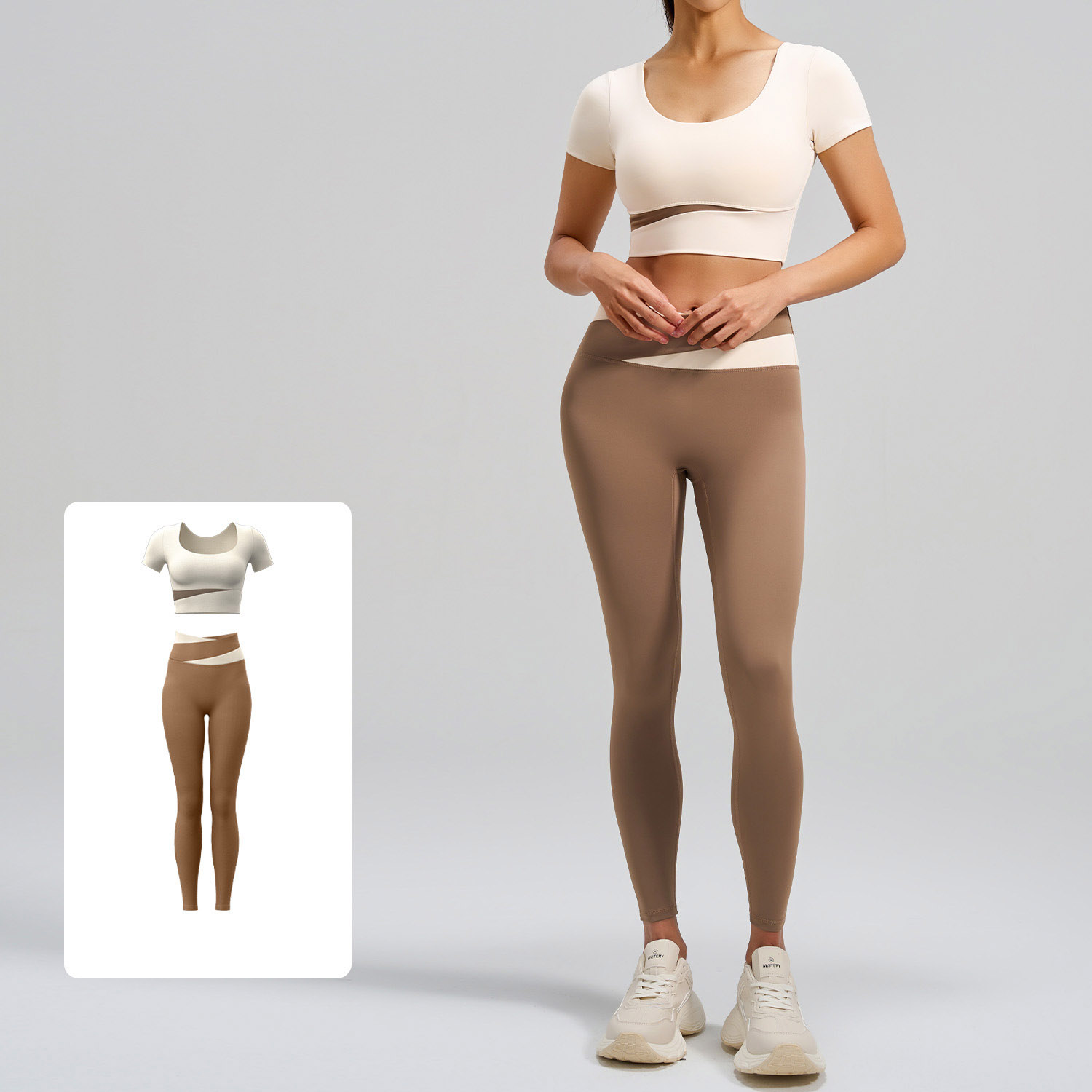 Women Contrast Cross Waist Short Sleeve Yoga Two Piece Set Top 6 Colors Pants 6 Colors, U Neck Crop Short Sleeve Top + Cross Colorblock High Waist Tight Leggings, YFJYMD013+YFJYMK002