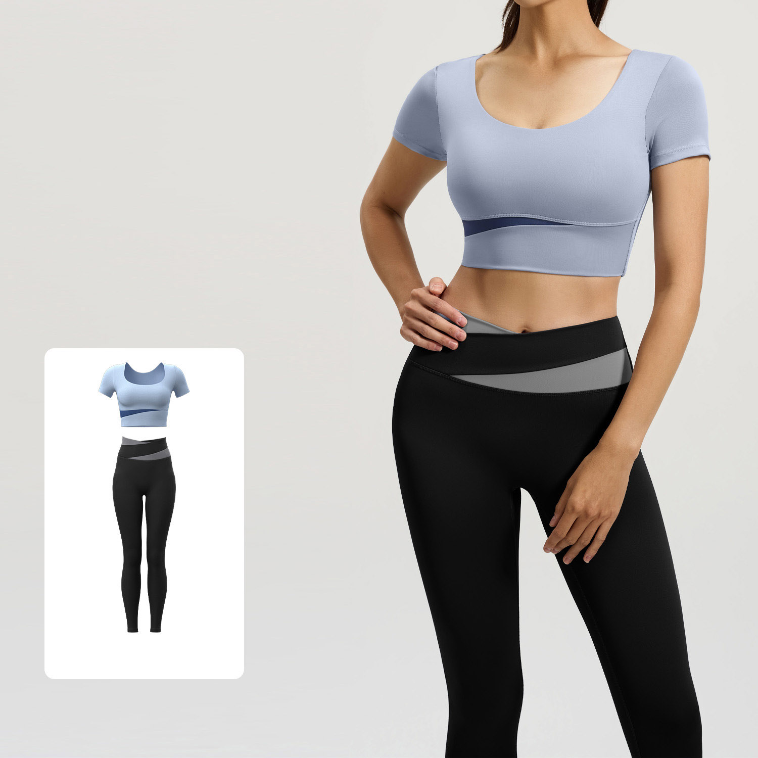 Women Contrast Cross Waist Short Sleeve Yoga Two Piece Set Top 6 Colors Pants 6 Colors, U Neck Crop Short Sleeve Top + Cross Colorblock High Waist Tight Leggings, YFJYMD013+YFJYMK002