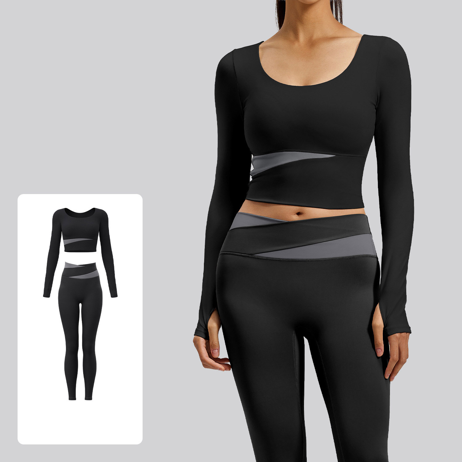 Women Contrast Cross Waist Long Sleeve Yoga Two Piece Set Top 7 Colors Pants 7 Colors, U Neck Crop Long Sleeve Top + Cross Colorblock High Waist Straight Leg Leggings, YFJJYMC023+YFJYMK002