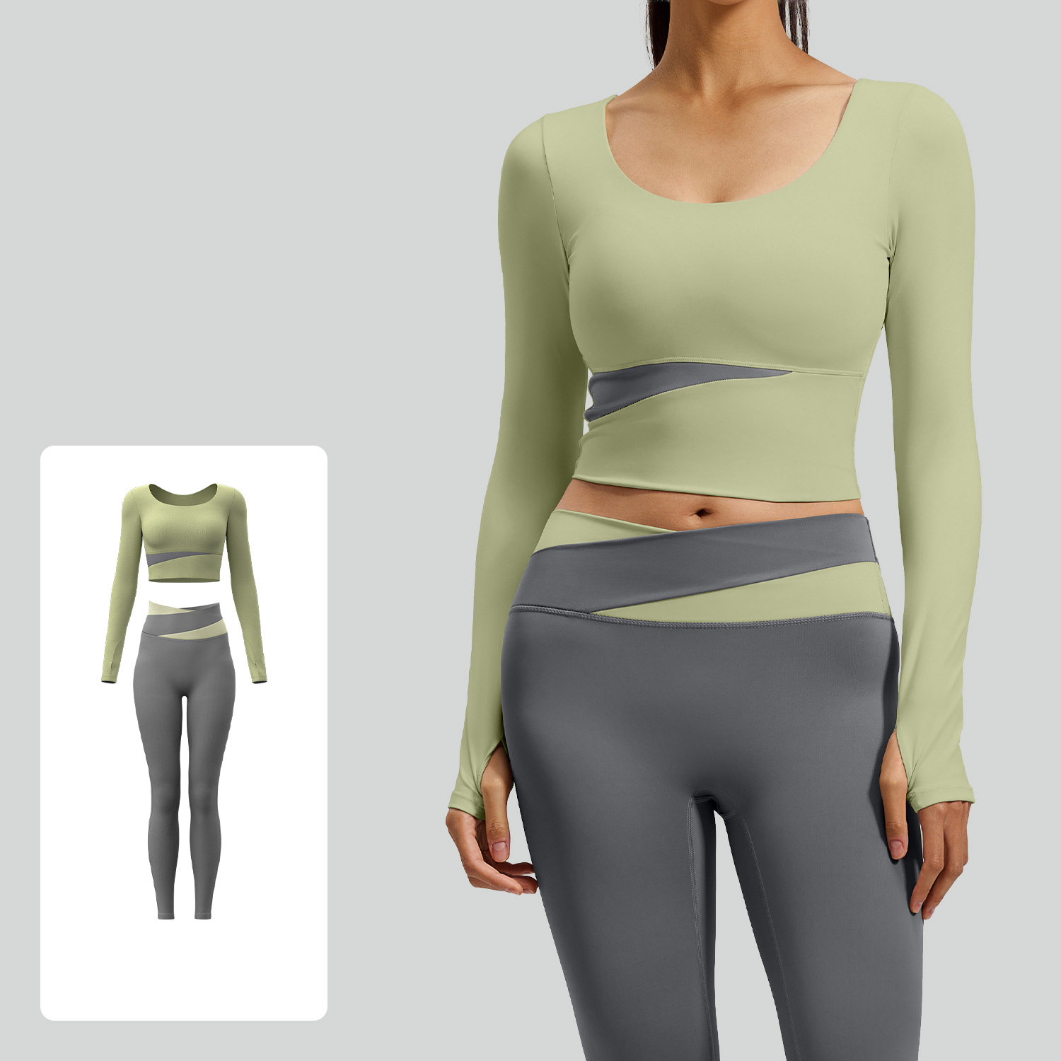 Women Contrast Cross Waist Long Sleeve Yoga Two Piece Set Top 7 Colors Pants 7 Colors, U Neck Crop Long Sleeve Top + Cross Colorblock High Waist Straight Leg Leggings, YFJJYMC023+YFJYMK002