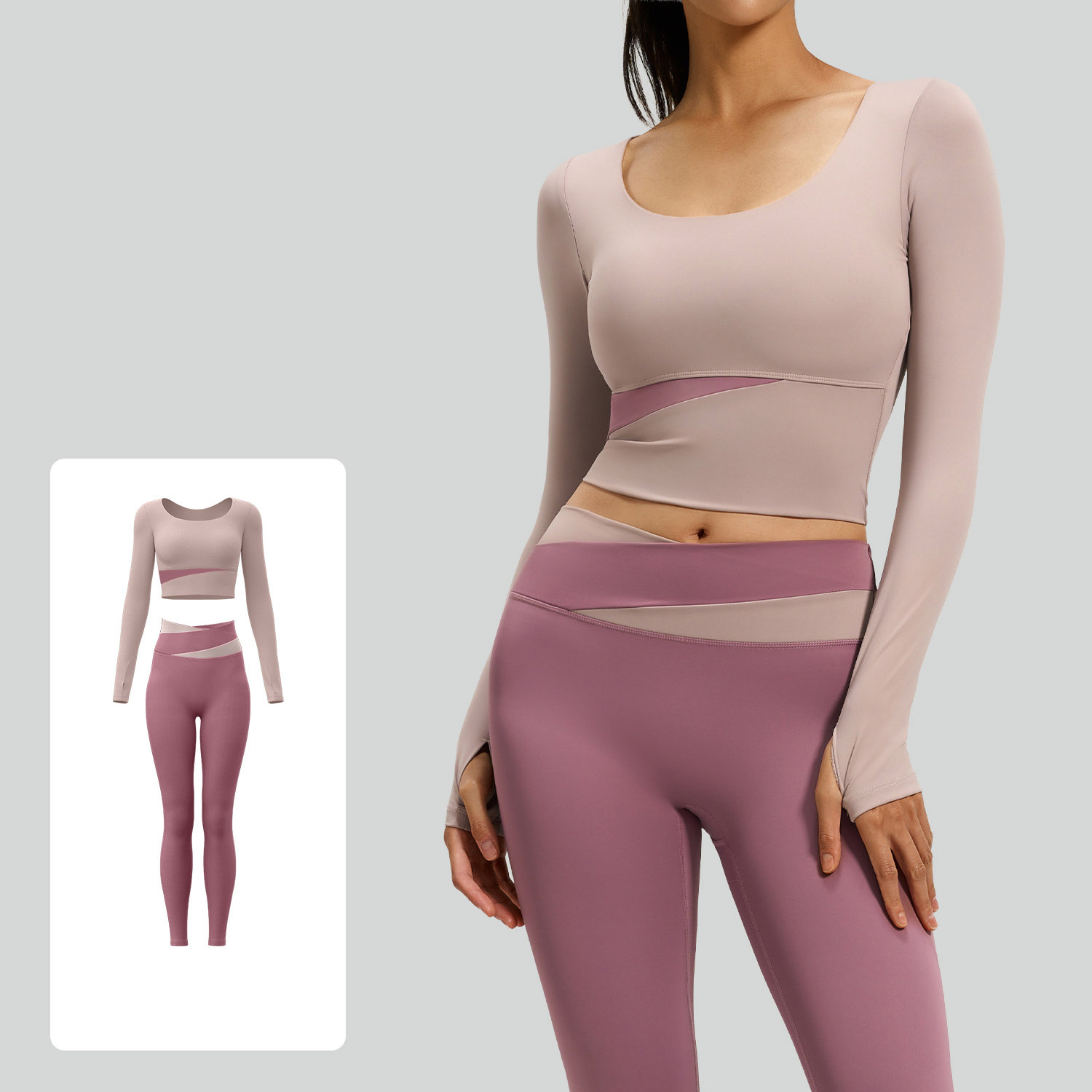 Women Contrast Cross Waist Long Sleeve Yoga Two Piece Set Top 7 Colors Pants 7 Colors, U Neck Crop Long Sleeve Top + Cross Colorblock High Waist Straight Leg Leggings, YFJJYMC023+YFJYMK002