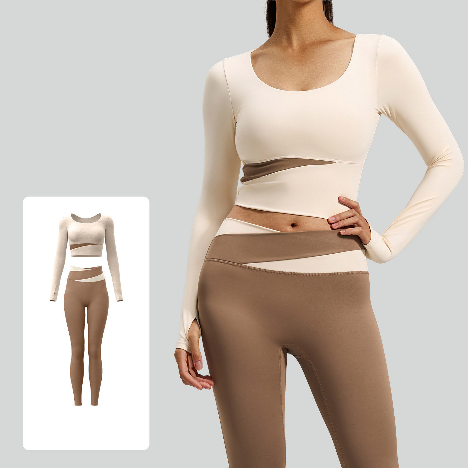 Women Contrast Cross Waist Long Sleeve Yoga Two Piece Set Top 7 Colors Pants 7 Colors, U Neck Crop Long Sleeve Top + Cross Colorblock High Waist Straight Leg Leggings, YFJJYMC023+YFJYMK002