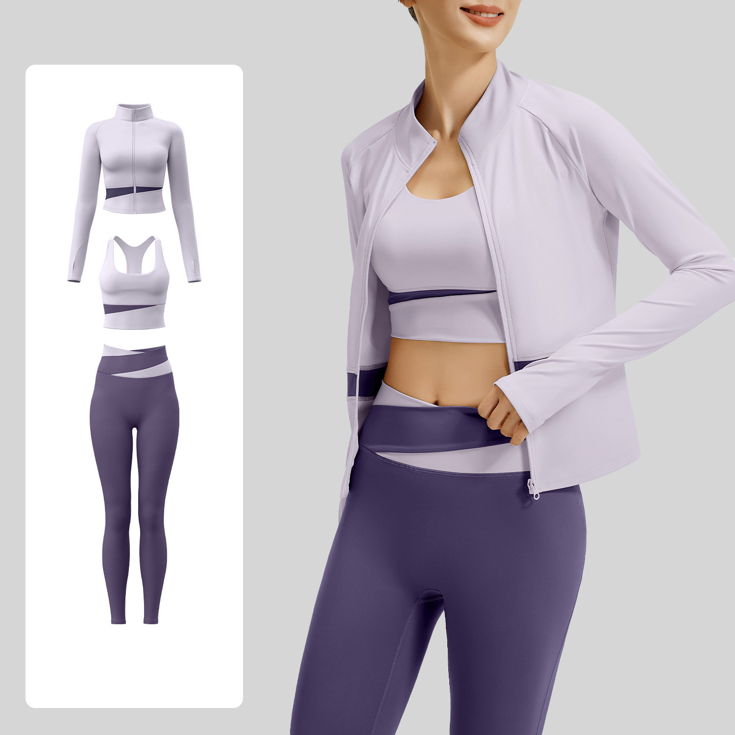 Women Contrast Color Yoga Three Piece Set Sports Bra + Crop Jacket + High Waist Leggings, Top 7 Colors Jacket 7 Colors Pants 7 Colors, YFJYMW022+YFJYMK002+YFJYMN004