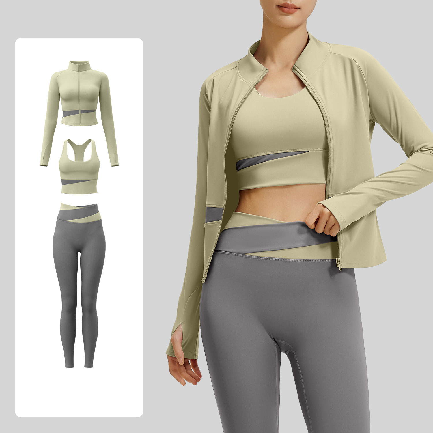 Women Contrast Color Yoga Three Piece Set Sports Bra + Crop Jacket + High Waist Leggings, Top 7 Colors Jacket 7 Colors Pants 7 Colors, YFJYMW022+YFJYMK002+YFJYMN004