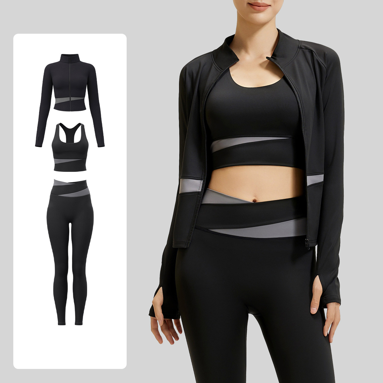 Women Contrast Color Yoga Three Piece Set Sports Bra + Crop Jacket + High Waist Leggings, Top 7 Colors Jacket 7 Colors Pants 7 Colors, YFJYMW022+YFJYMK002+YFJYMN004