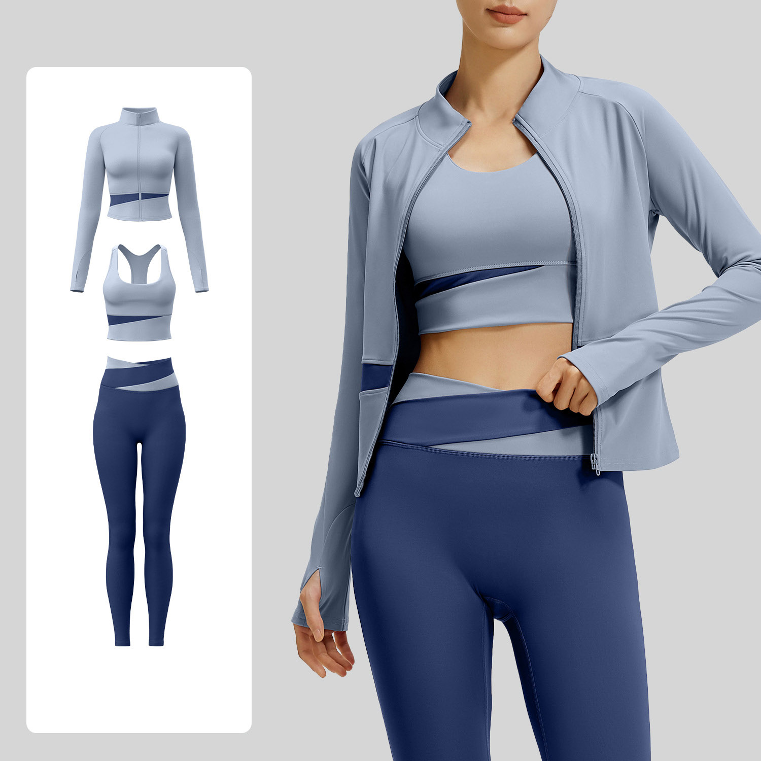 Women Contrast Color Yoga Three Piece Set Sports Bra + Crop Jacket + High Waist Leggings, Top 7 Colors Jacket 7 Colors Pants 7 Colors, YFJYMW022+YFJYMK002+YFJYMN004