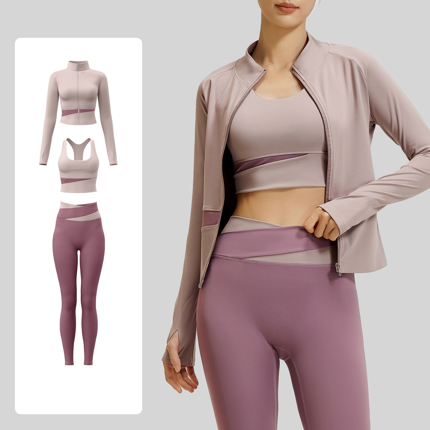 Women Contrast Color Yoga Three Piece Set Sports Bra + Crop Jacket + High Waist Leggings, Top 7 Colors Jacket 7 Colors Pants 7 Colors, YFJYMW022+YFJYMK002+YFJYMN004