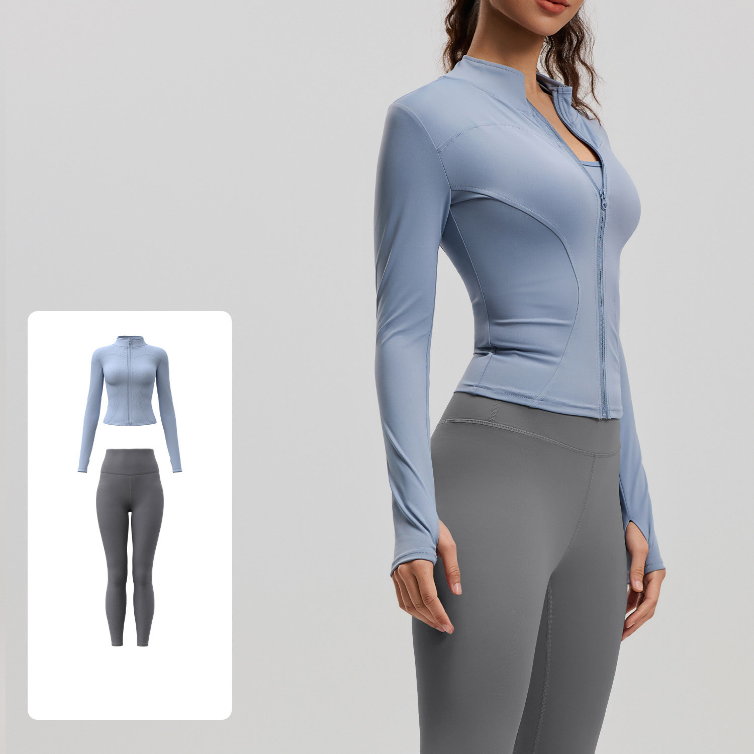 Women Zip Up Long Sleeve Yoga Two Piece Set Top 10 Colors Pants 10 Colors, Stand Collar Slim Fit Jacket + High Waist Tight Fitness Leggings, YFMTWT01+YFMT20