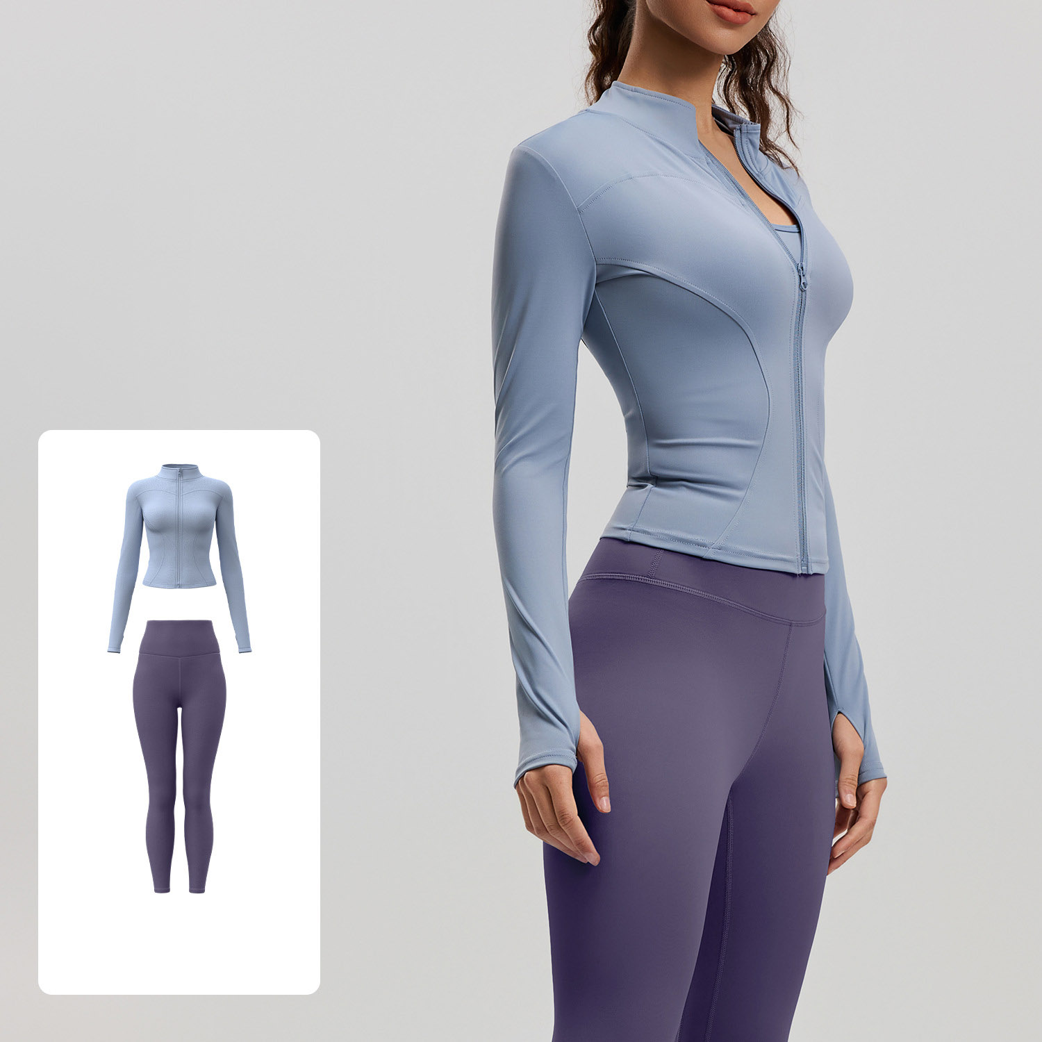 Women Zip Up Long Sleeve Yoga Two Piece Set Top 10 Colors Pants 10 Colors, Stand Collar Slim Fit Jacket + High Waist Tight Fitness Leggings, YFMTWT01+YFMT20