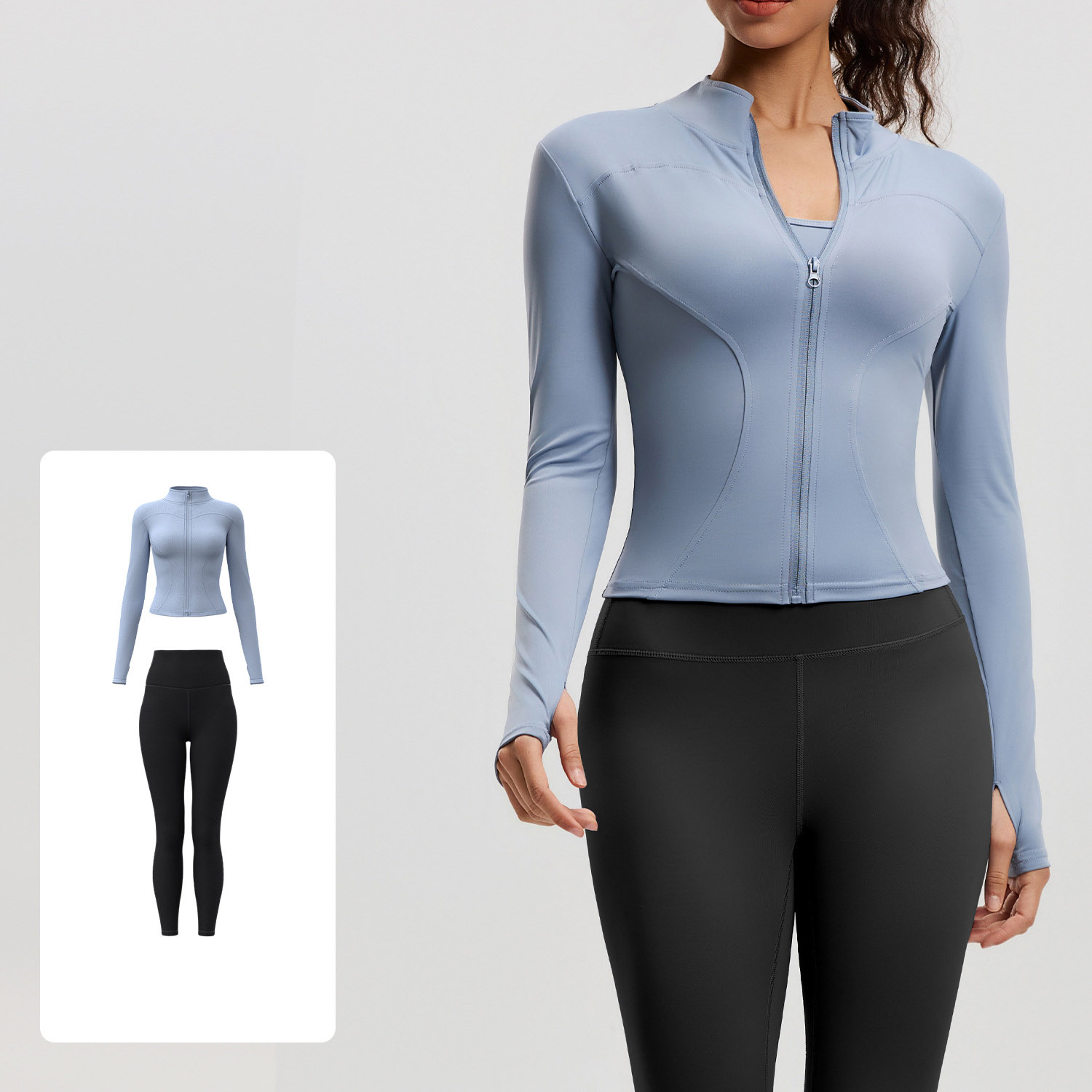 Women Zip Up Long Sleeve Yoga Two Piece Set Top 10 Colors Pants 10 Colors, Stand Collar Slim Fit Jacket + High Waist Tight Fitness Leggings, YFMTWT01+YFMT20