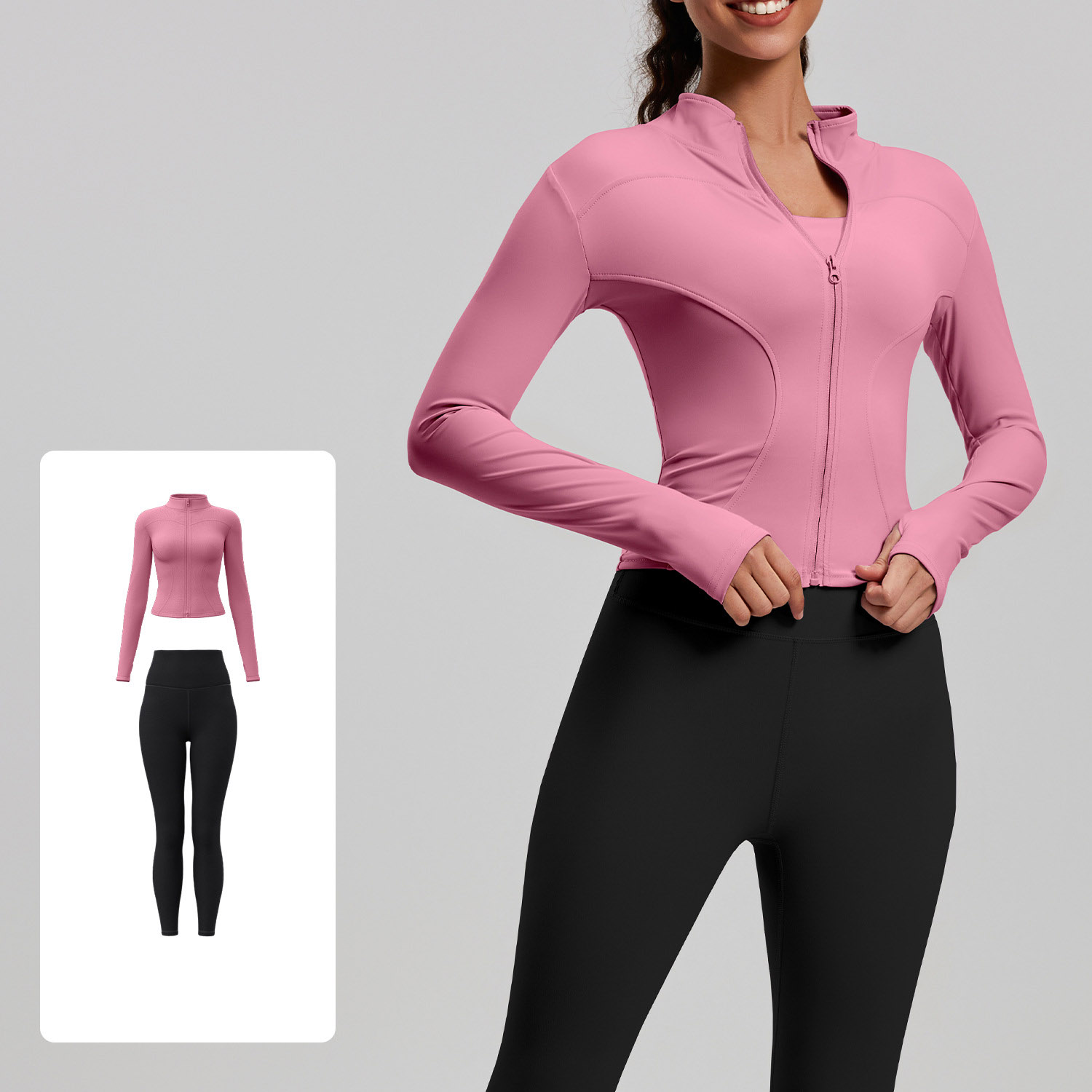 Women Zip Up Long Sleeve Yoga Two Piece Set Top 10 Colors Pants 10 Colors, Stand Collar Slim Fit Jacket + High Waist Tight Fitness Leggings, YFMTWT01+YFMT20