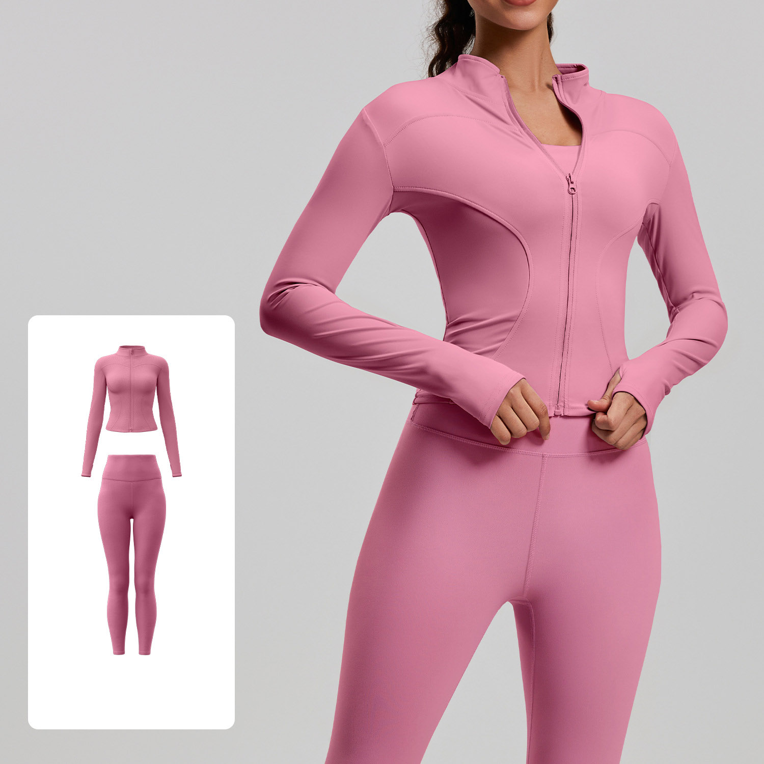 Women Zip Up Long Sleeve Yoga Two Piece Set Top 10 Colors Pants 10 Colors, Stand Collar Slim Fit Jacket + High Waist Tight Fitness Leggings, YFMTWT01+YFMT20