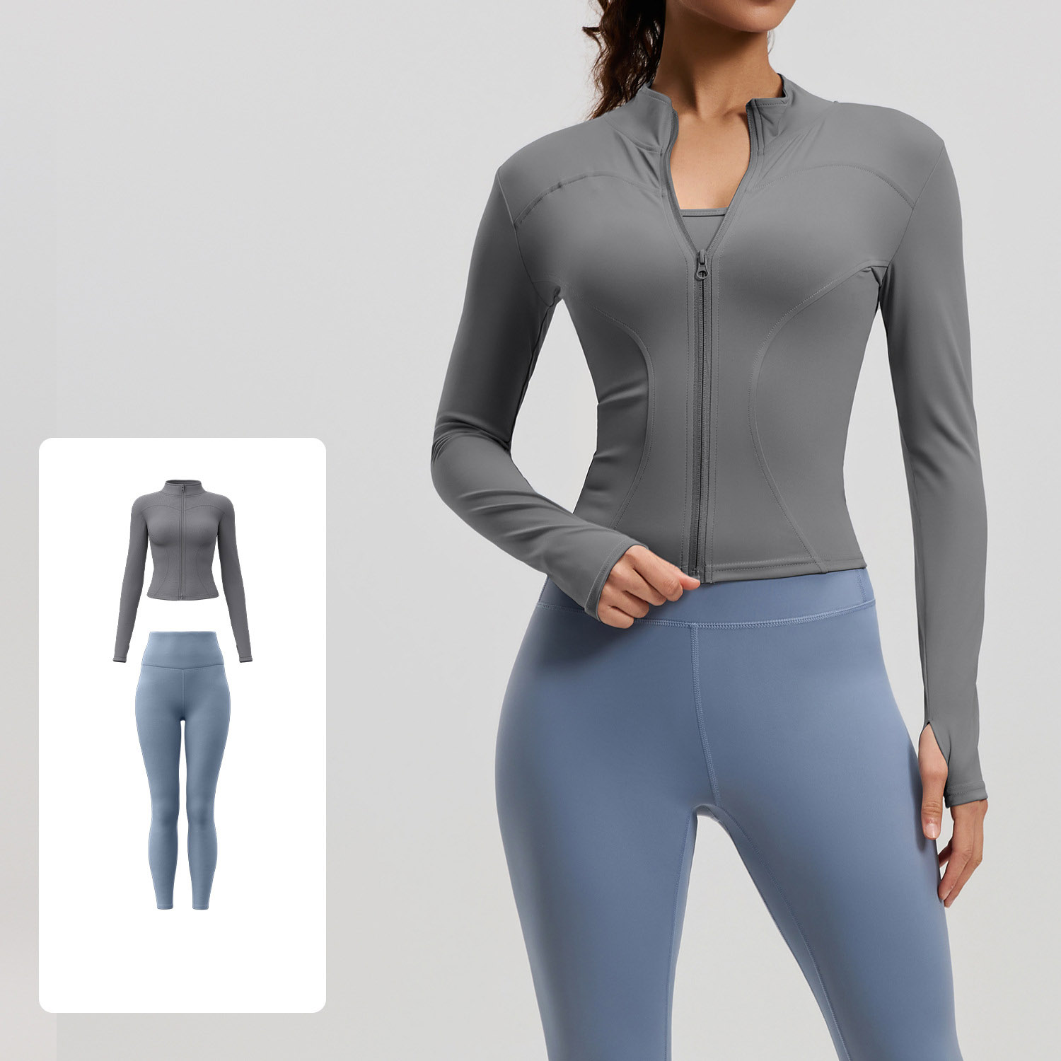 Women Zip Up Long Sleeve Yoga Two Piece Set Top 10 Colors Pants 10 Colors, Stand Collar Slim Fit Jacket + High Waist Tight Fitness Leggings, YFMTWT01+YFMT20