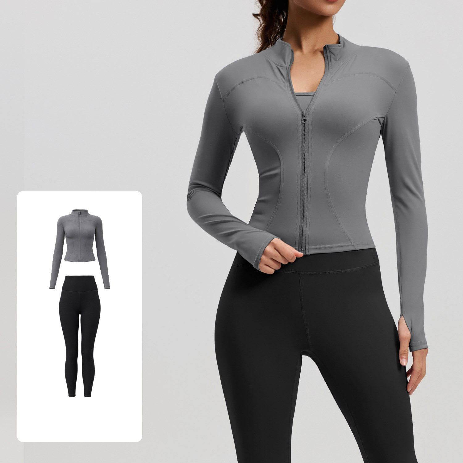 Women Zip Up Long Sleeve Yoga Two Piece Set Top 10 Colors Pants 10 Colors, Stand Collar Slim Fit Jacket + High Waist Tight Fitness Leggings, YFMTWT01+YFMT20
