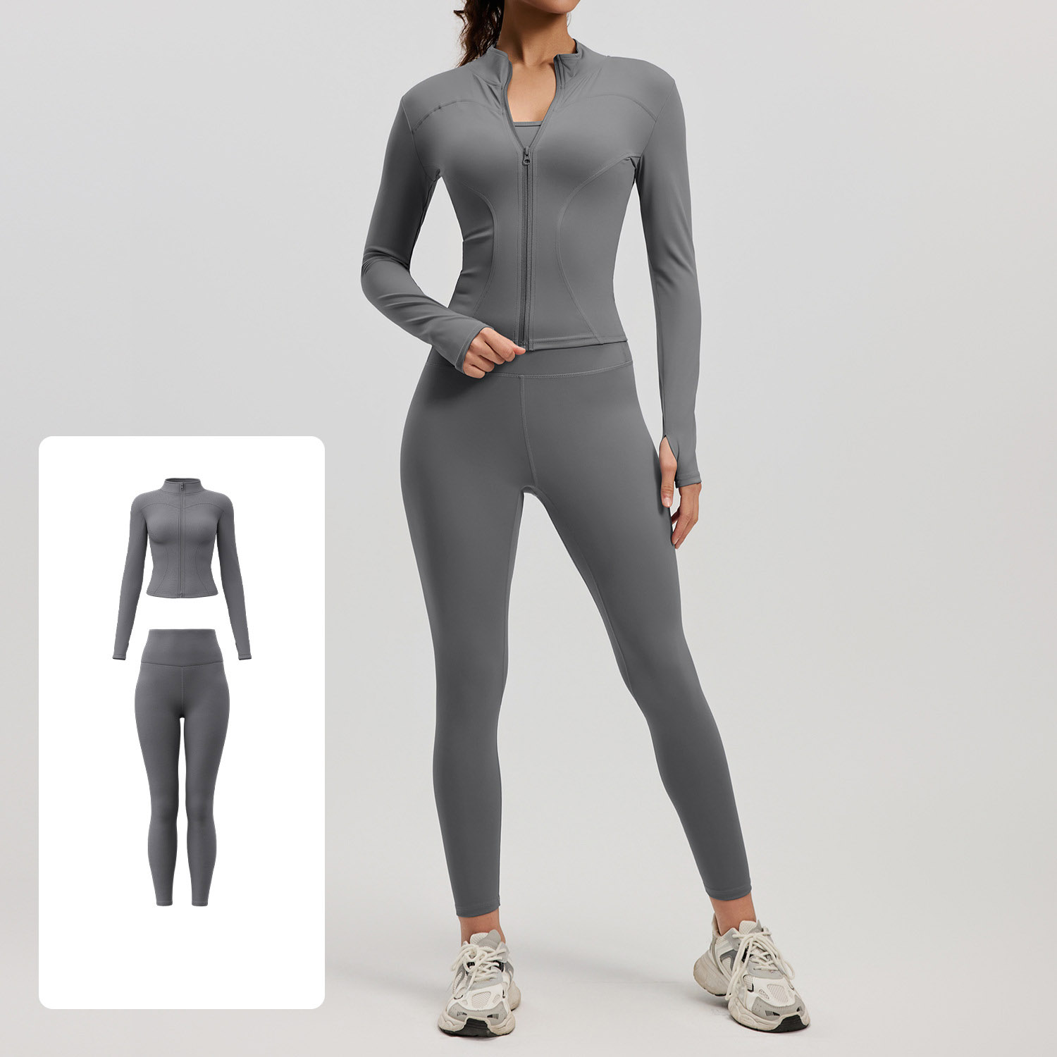Women Zip Up Long Sleeve Yoga Two Piece Set Top 10 Colors Pants 10 Colors, Stand Collar Slim Fit Jacket + High Waist Tight Fitness Leggings, YFMTWT01+YFMT20