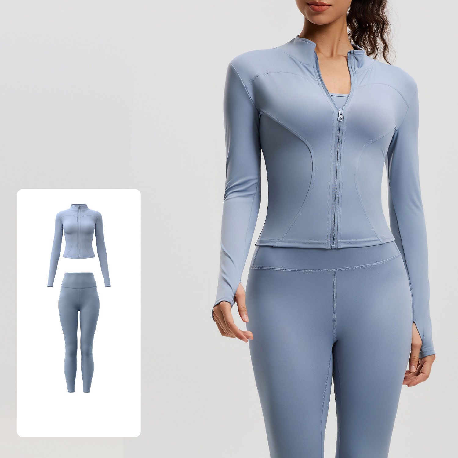 Women Zip Up Long Sleeve Yoga Two Piece Set Top 10 Colors Pants 10 Colors, Stand Collar Slim Fit Jacket + High Waist Tight Fitness Leggings, YFMTWT01+YFMT20