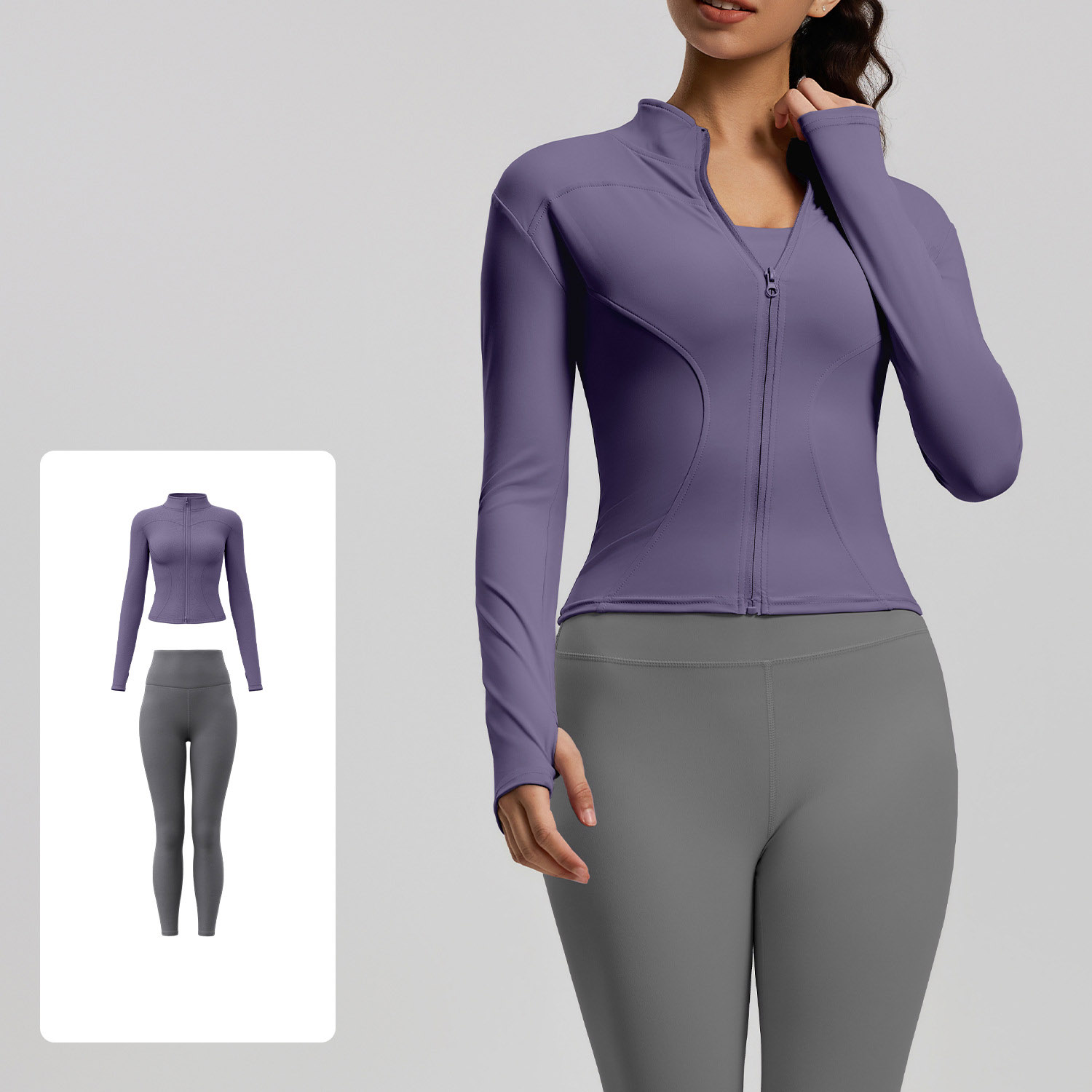 Women Zip Up Long Sleeve Yoga Two Piece Set Top 10 Colors Pants 10 Colors, Stand Collar Slim Fit Jacket + High Waist Tight Fitness Leggings, YFMTWT01+YFMT20