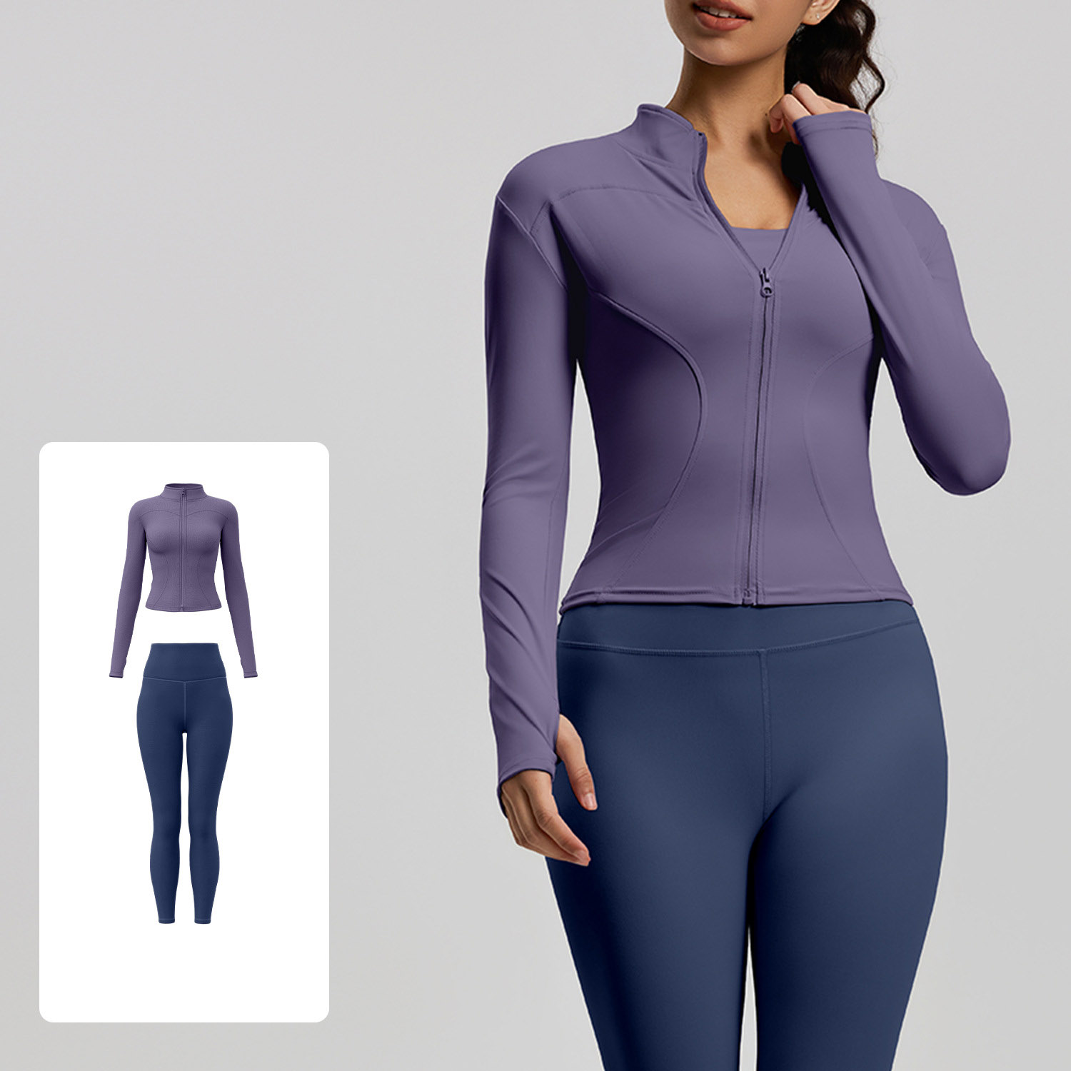 Women Zip Up Long Sleeve Yoga Two Piece Set Top 10 Colors Pants 10 Colors, Stand Collar Slim Fit Jacket + High Waist Tight Fitness Leggings, YFMTWT01+YFMT20