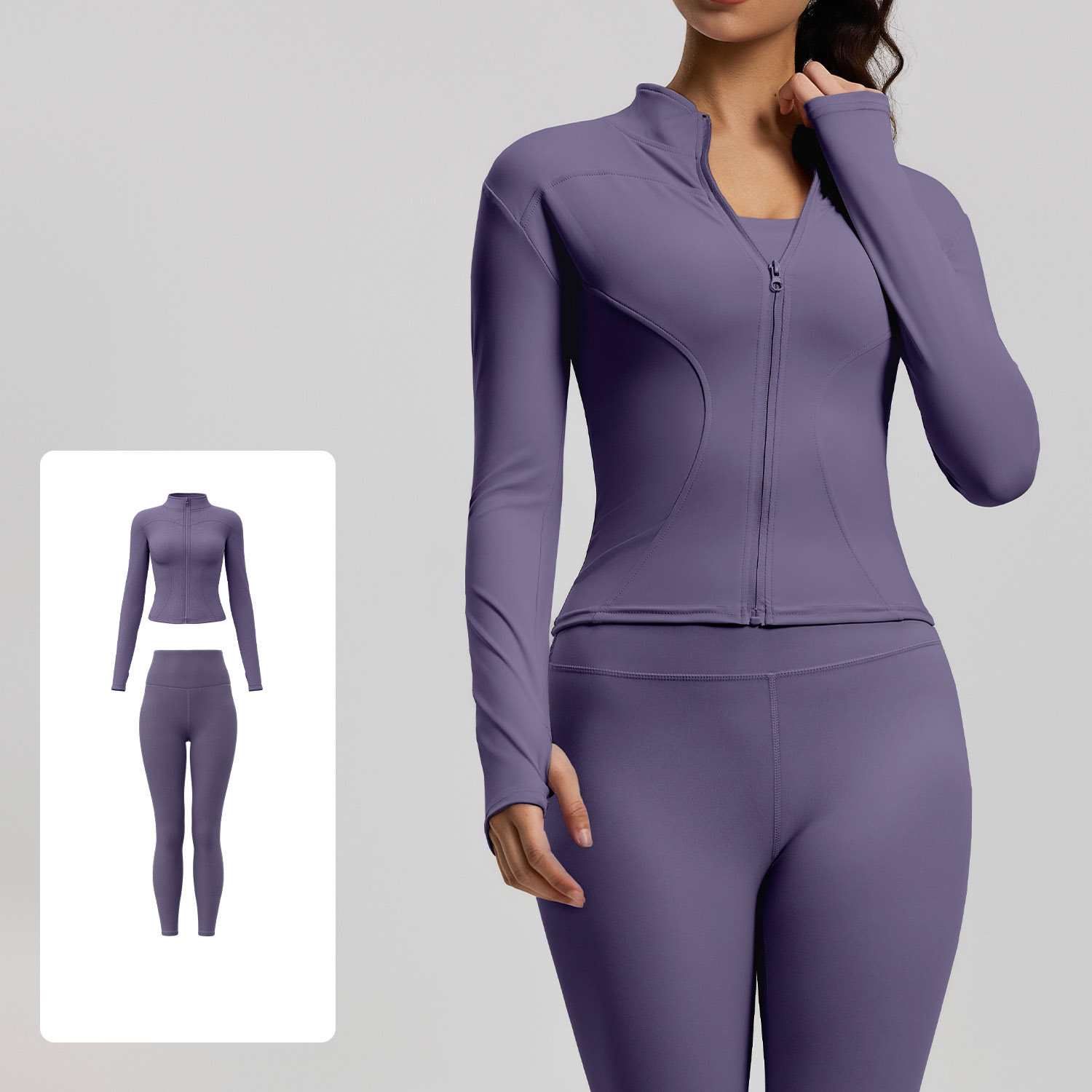 Women Zip Up Long Sleeve Yoga Two Piece Set Top 10 Colors Pants 10 Colors, Stand Collar Slim Fit Jacket + High Waist Tight Fitness Leggings, YFMTWT01+YFMT20
