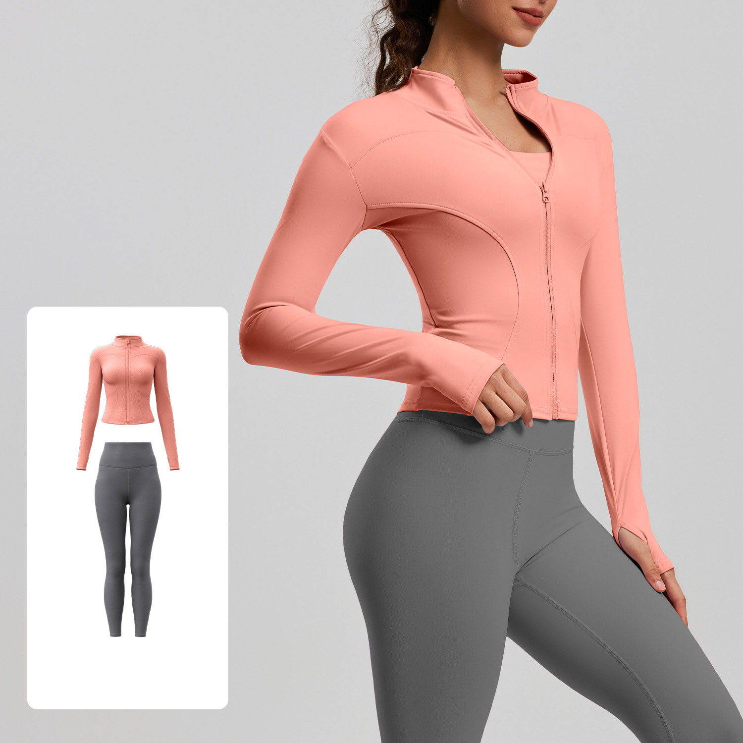 Women Zip Up Long Sleeve Yoga Two Piece Set Top 10 Colors Pants 10 Colors, Stand Collar Slim Fit Jacket + High Waist Tight Fitness Leggings, YFMTWT01+YFMT20