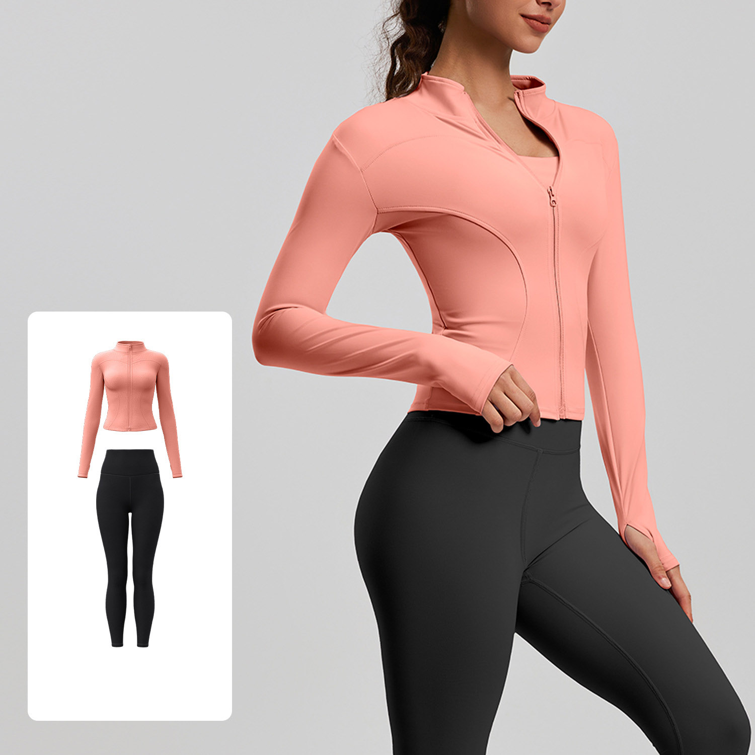 Women Zip Up Long Sleeve Yoga Two Piece Set Top 10 Colors Pants 10 Colors, Stand Collar Slim Fit Jacket + High Waist Tight Fitness Leggings, YFMTWT01+YFMT20