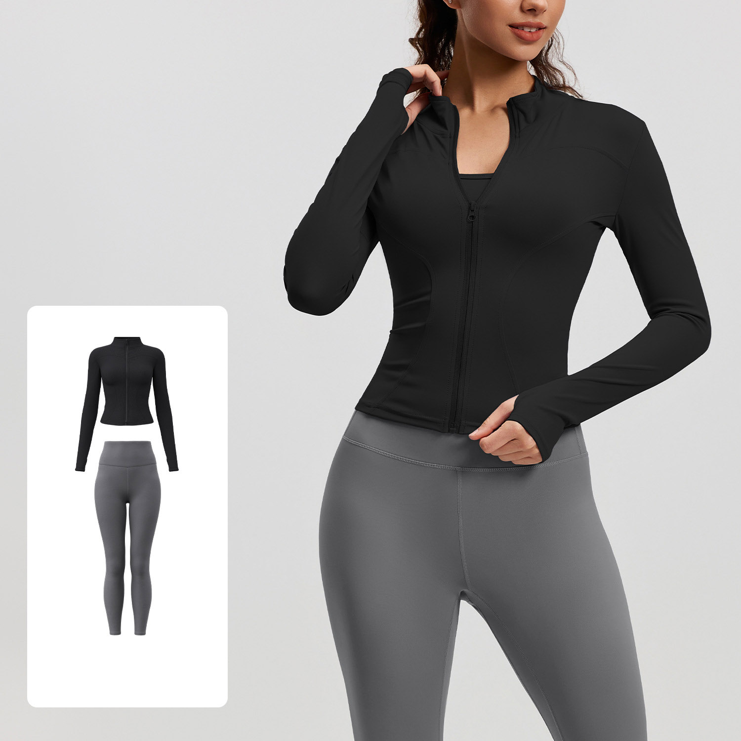 Women Zip Up Long Sleeve Yoga Two Piece Set Top 10 Colors Pants 10 Colors, Stand Collar Slim Fit Jacket + High Waist Tight Fitness Leggings, YFMTWT01+YFMT20