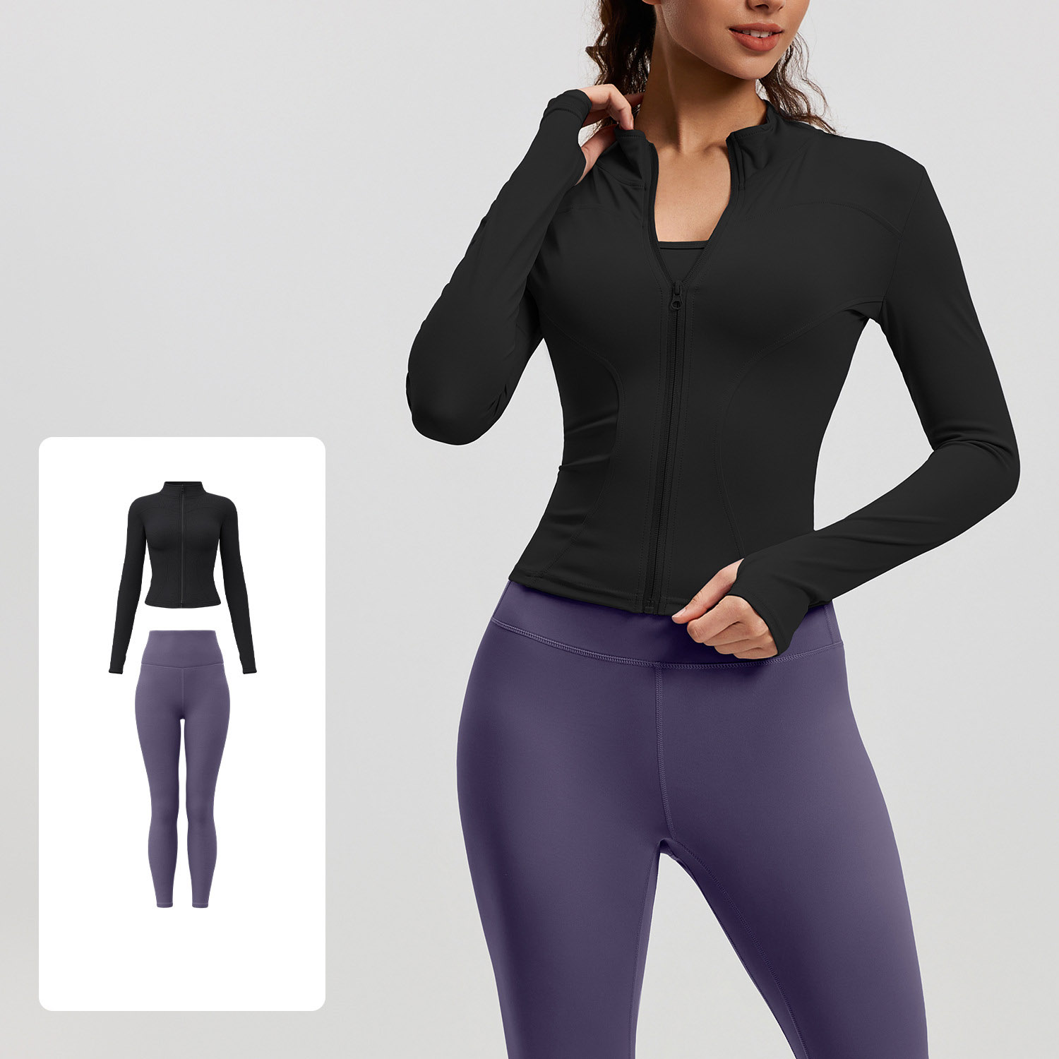 Women Zip Up Long Sleeve Yoga Two Piece Set Top 10 Colors Pants 10 Colors, Stand Collar Slim Fit Jacket + High Waist Tight Fitness Leggings, YFMTWT01+YFMT20