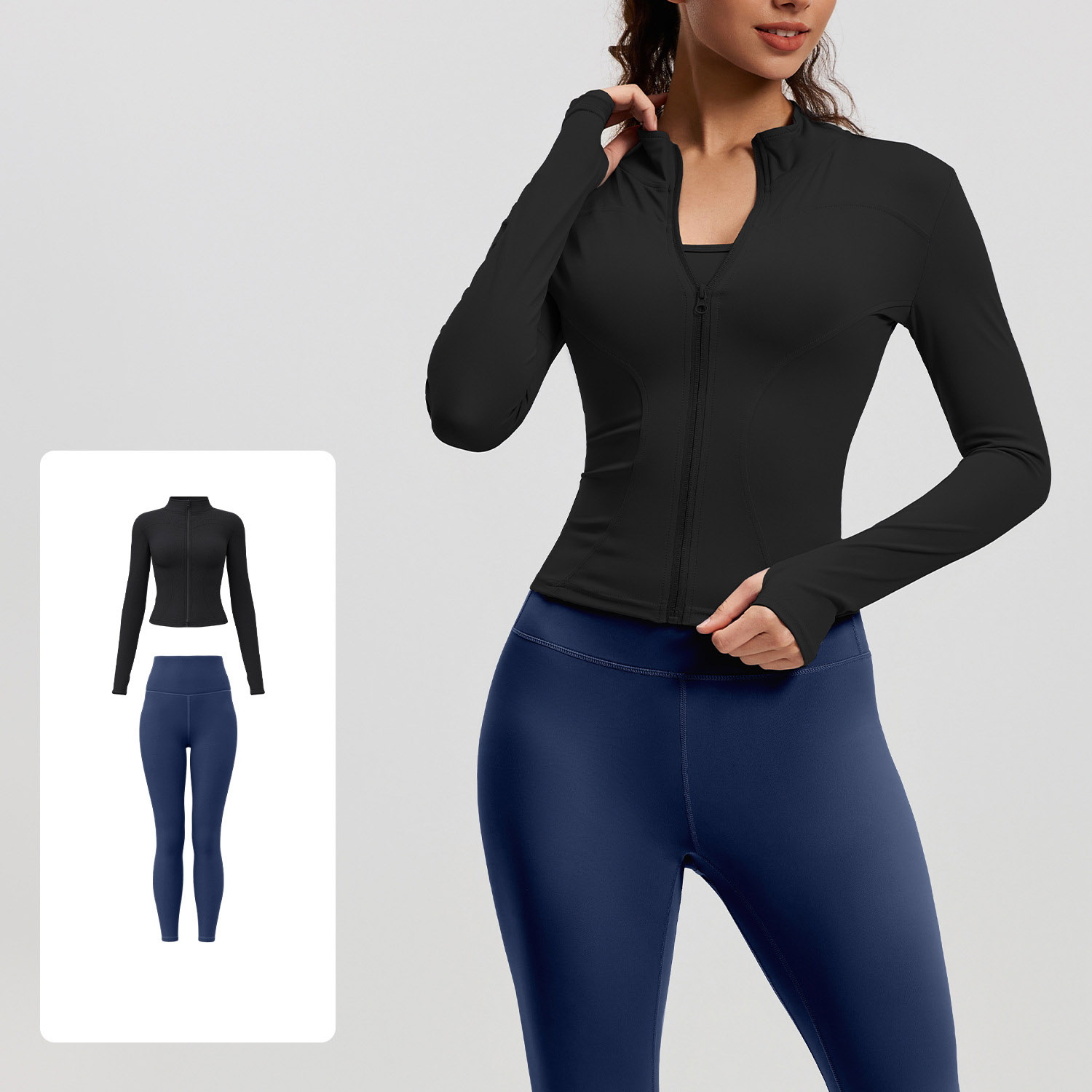 Women Zip Up Long Sleeve Yoga Two Piece Set Top 10 Colors Pants 10 Colors, Stand Collar Slim Fit Jacket + High Waist Tight Fitness Leggings, YFMTWT01+YFMT20