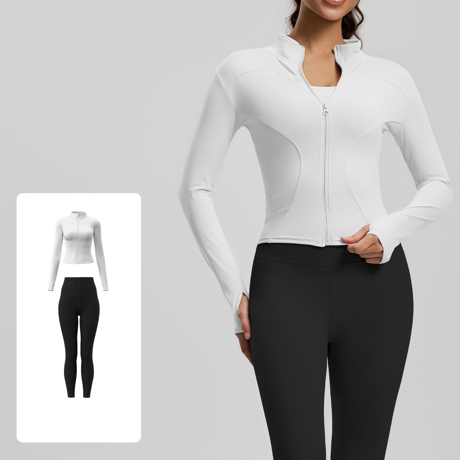 Women Zip Up Long Sleeve Yoga Two Piece Set Top 10 Colors Pants 10 Colors, Stand Collar Slim Fit Jacket + High Waist Tight Fitness Leggings, YFMTWT01+YFMT20