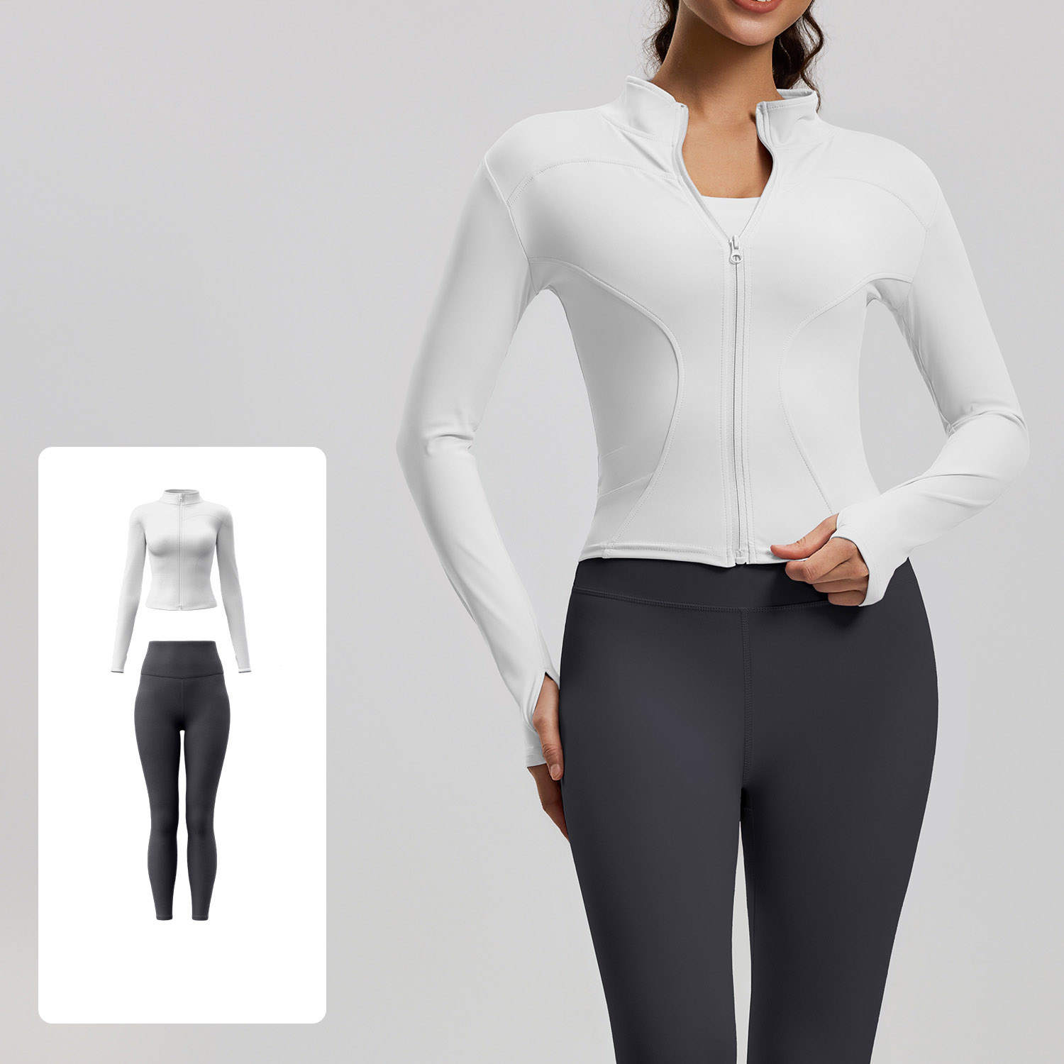 Women Zip Up Long Sleeve Yoga Two Piece Set Top 10 Colors Pants 10 Colors, Stand Collar Slim Fit Jacket + High Waist Tight Fitness Leggings, YFMTWT01+YFMT20