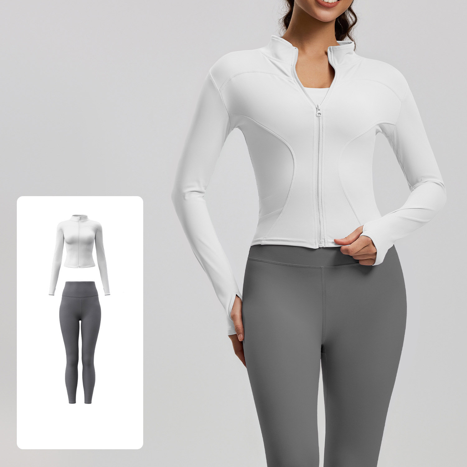 Women Zip Up Long Sleeve Yoga Two Piece Set Top 10 Colors Pants 10 Colors, Stand Collar Slim Fit Jacket + High Waist Tight Fitness Leggings, YFMTWT01+YFMT20