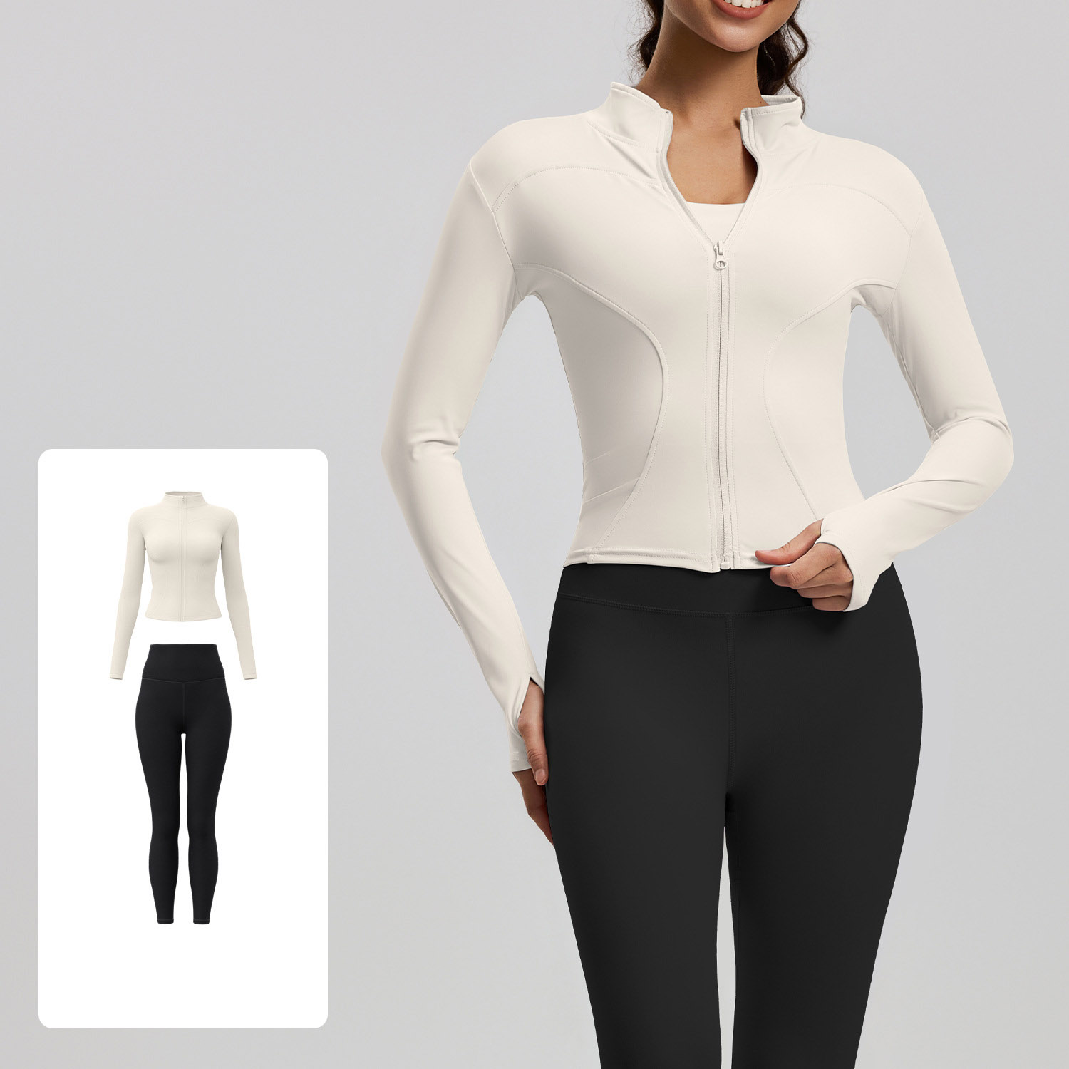 Women Zip Up Long Sleeve Yoga Two Piece Set Top 10 Colors Pants 10 Colors, Stand Collar Slim Fit Jacket + High Waist Tight Fitness Leggings, YFMTWT01+YFMT20
