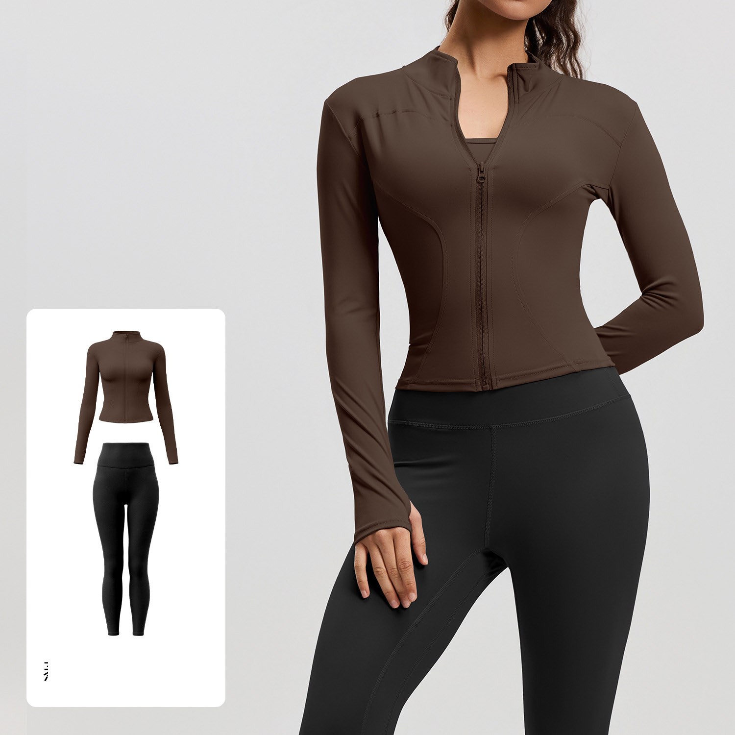 Women Zip Up Long Sleeve Yoga Two Piece Set Top 10 Colors Pants 10 Colors, Stand Collar Slim Fit Jacket + High Waist Tight Fitness Leggings, YFMTWT01+YFMT20