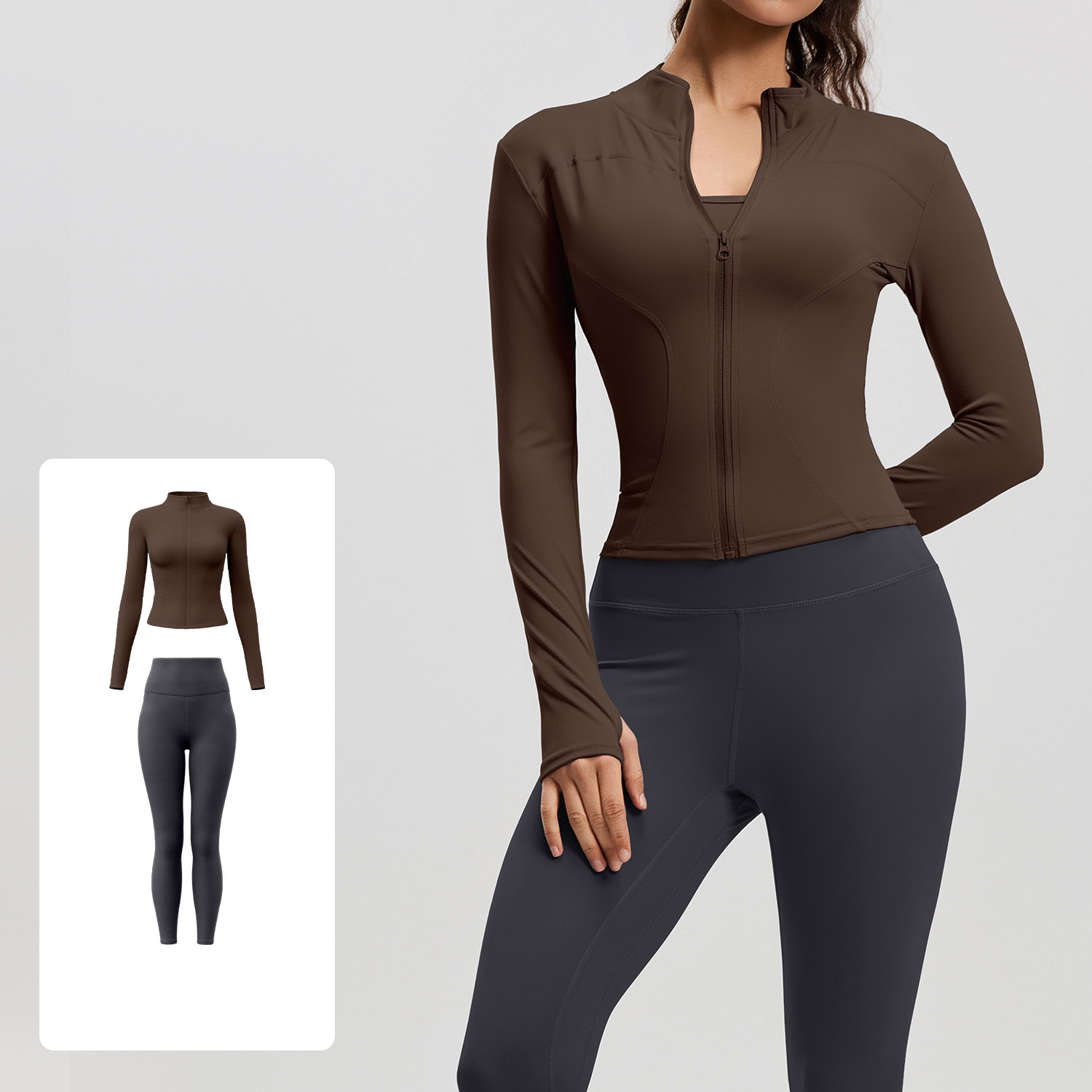 Women Zip Up Long Sleeve Yoga Two Piece Set Top 10 Colors Pants 10 Colors, Stand Collar Slim Fit Jacket + High Waist Tight Fitness Leggings, YFMTWT01+YFMT20
